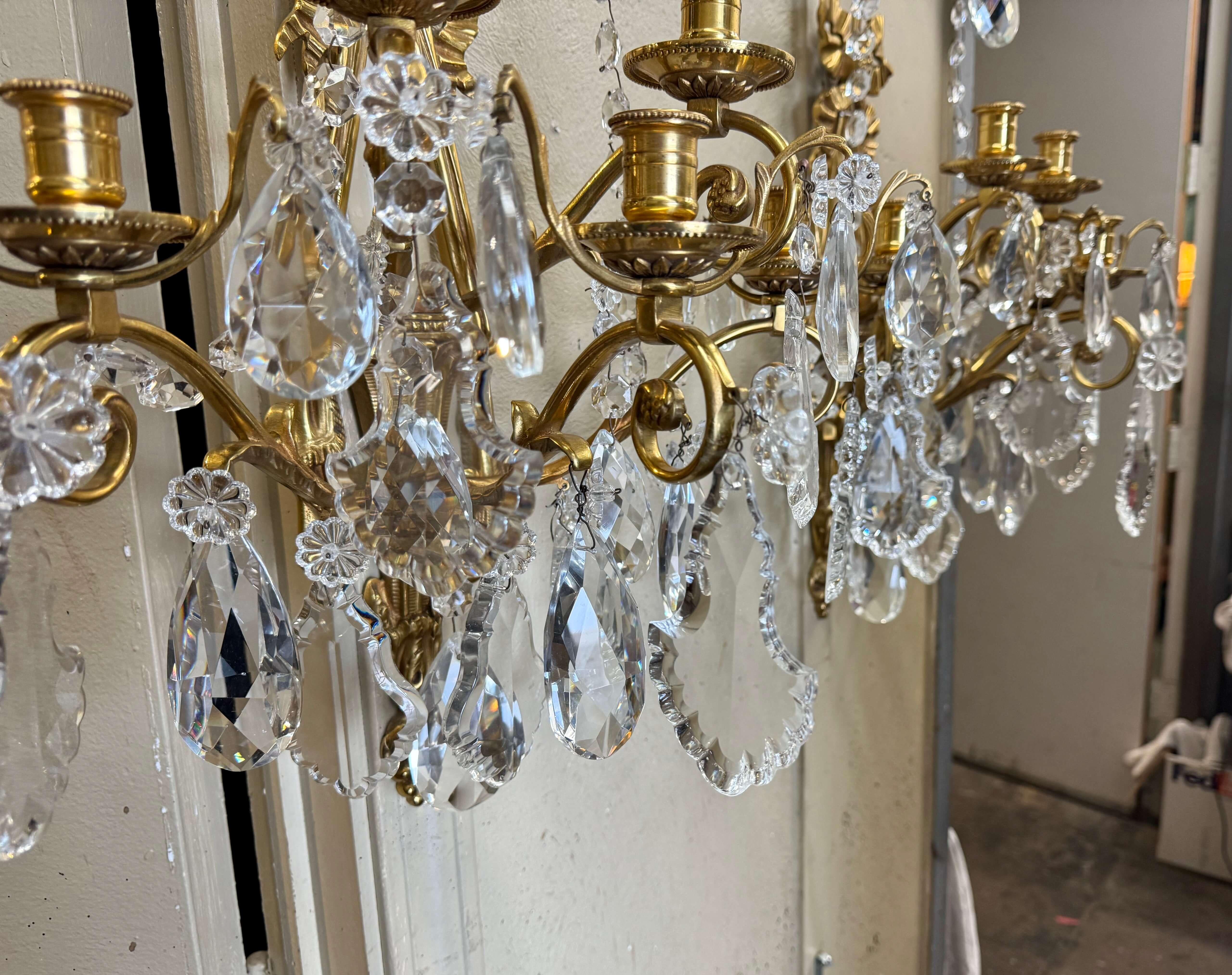 20ième siècle Paire d'appliques à cinq lumières en cristal et bronze Dore de style Louis XVI du milieu du siècle dernier en vente