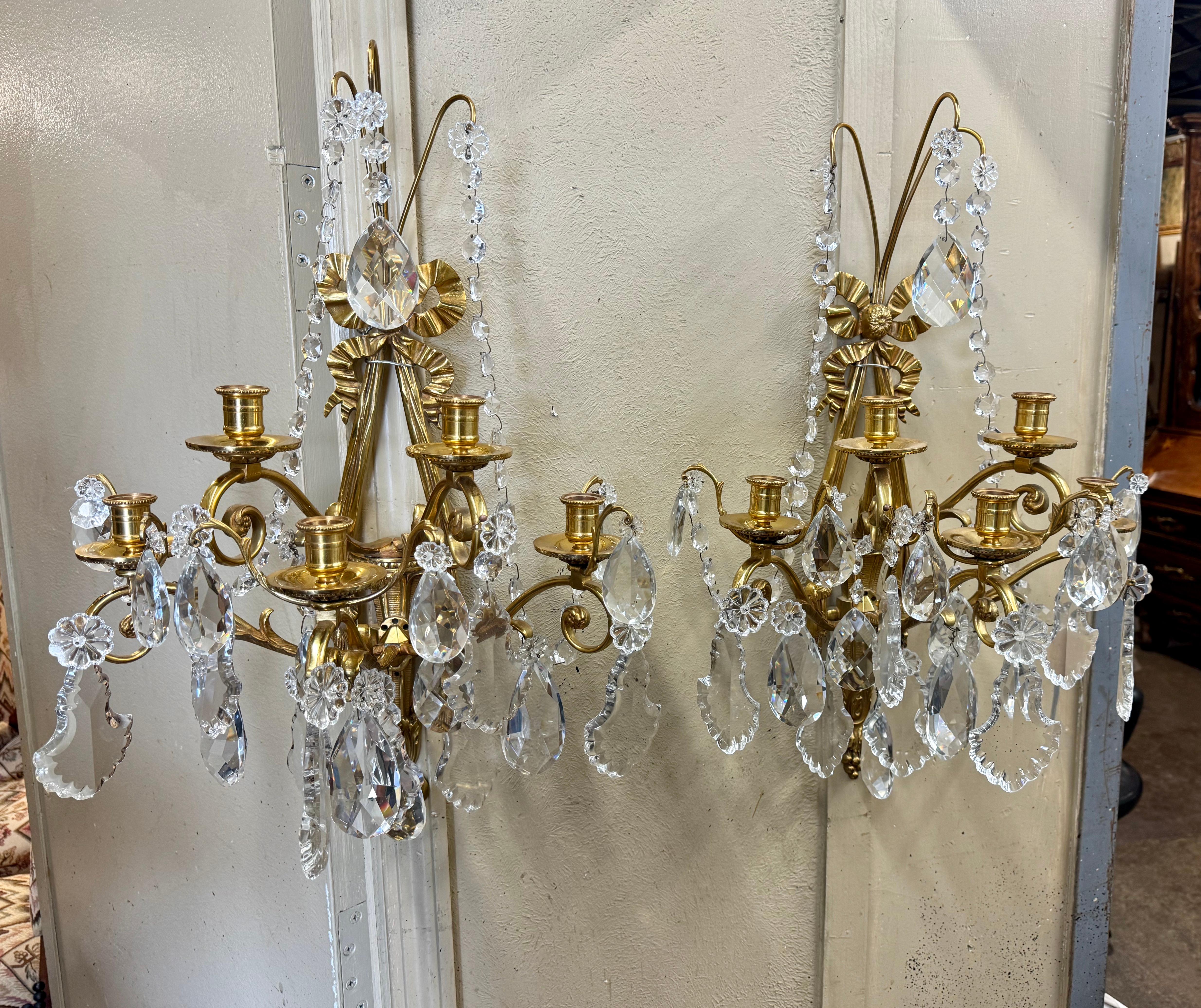 Pair of Mid-Century French Louis XVI Crystal and Bronze Dore Five-Light Sconces For Sale 2