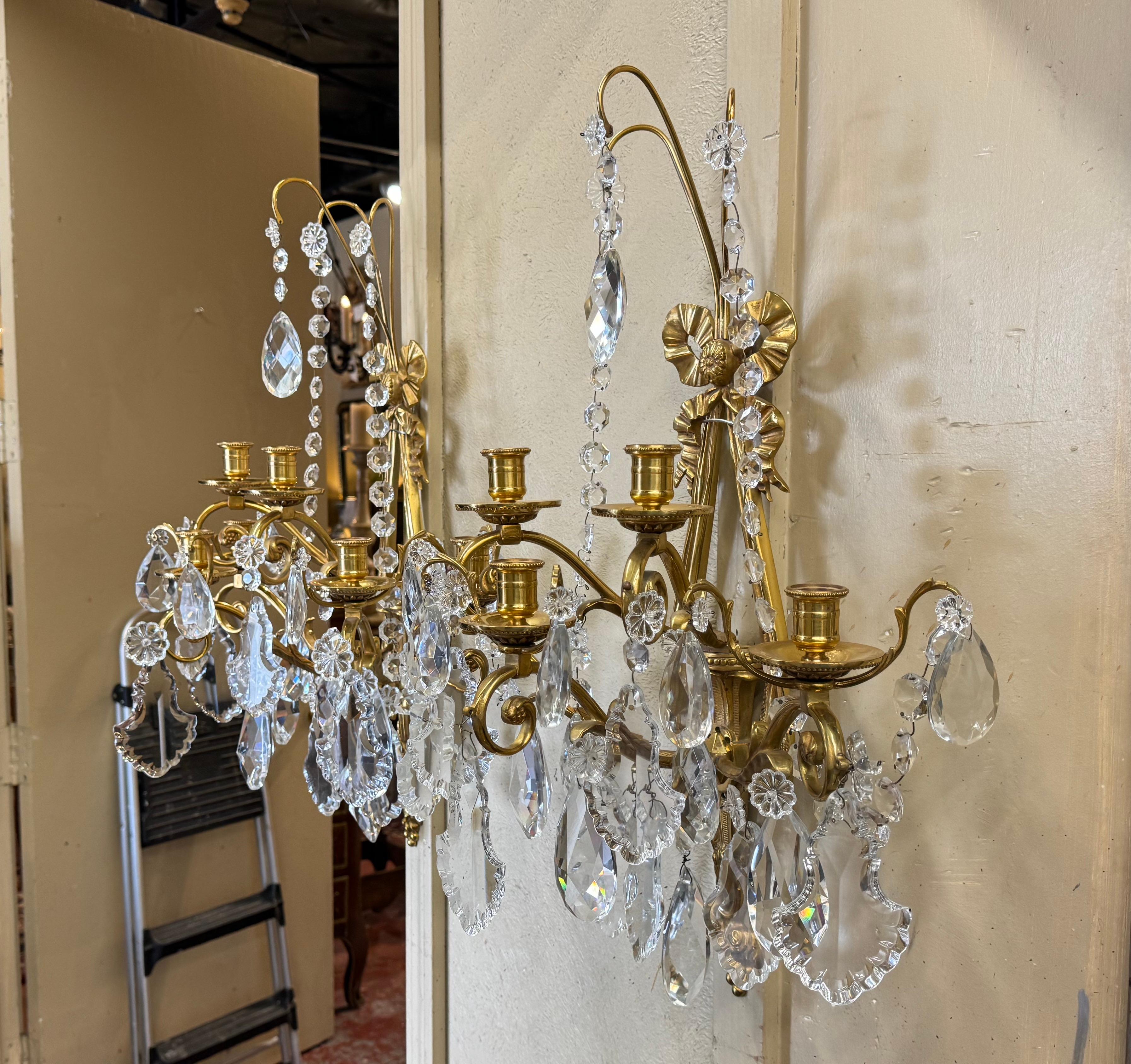 Pair of Mid-Century French Louis XVI Crystal and Bronze Dore Five-Light Sconces For Sale 3