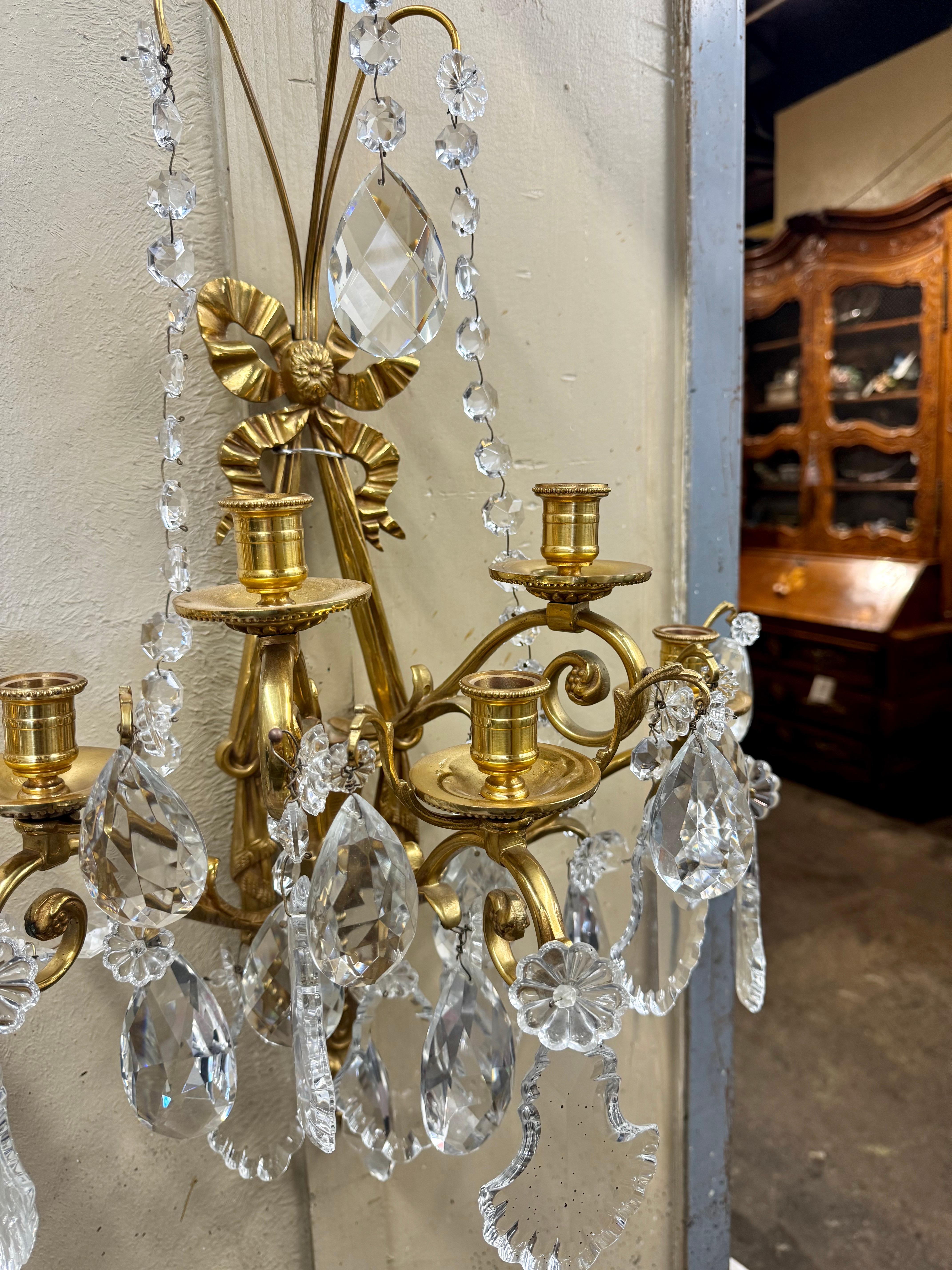 Pair of Mid-Century French Louis XVI Crystal and Bronze Dore Five-Light Sconces For Sale 4