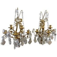 Pair of Mid-Century French Louis XVI Crystal and Bronze Dore Five-Light Sconces