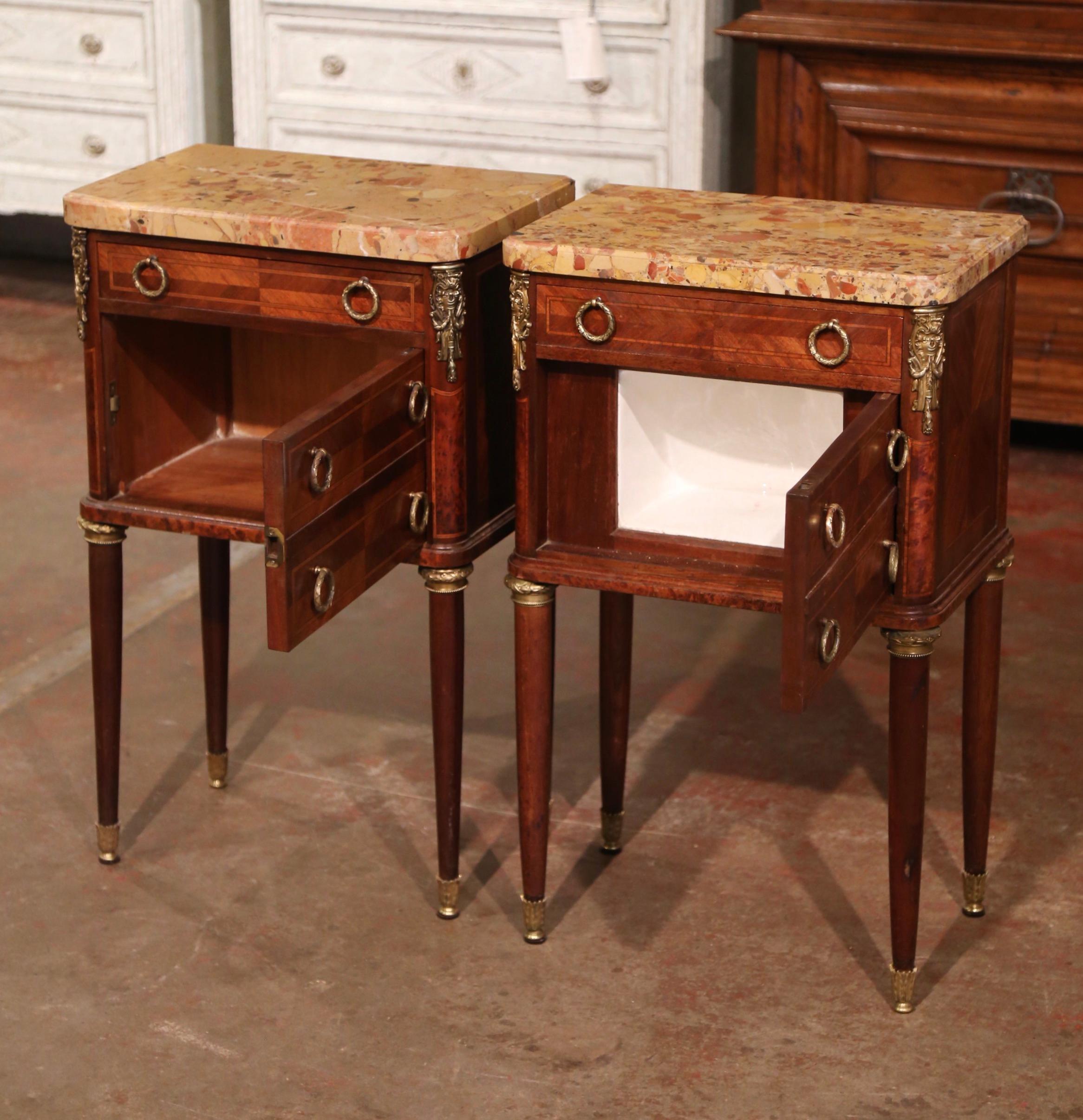 Pair of Mid-Century French Louis XVI Marble Top Bedside Tables Nightstands For Sale 4