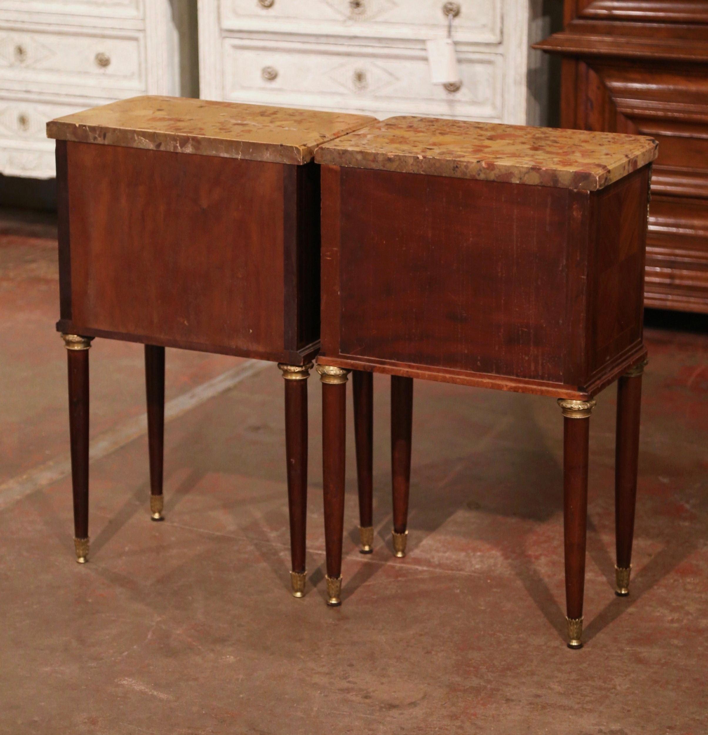 Pair of Mid-Century French Louis XVI Marble Top Bedside Tables Nightstands For Sale 6