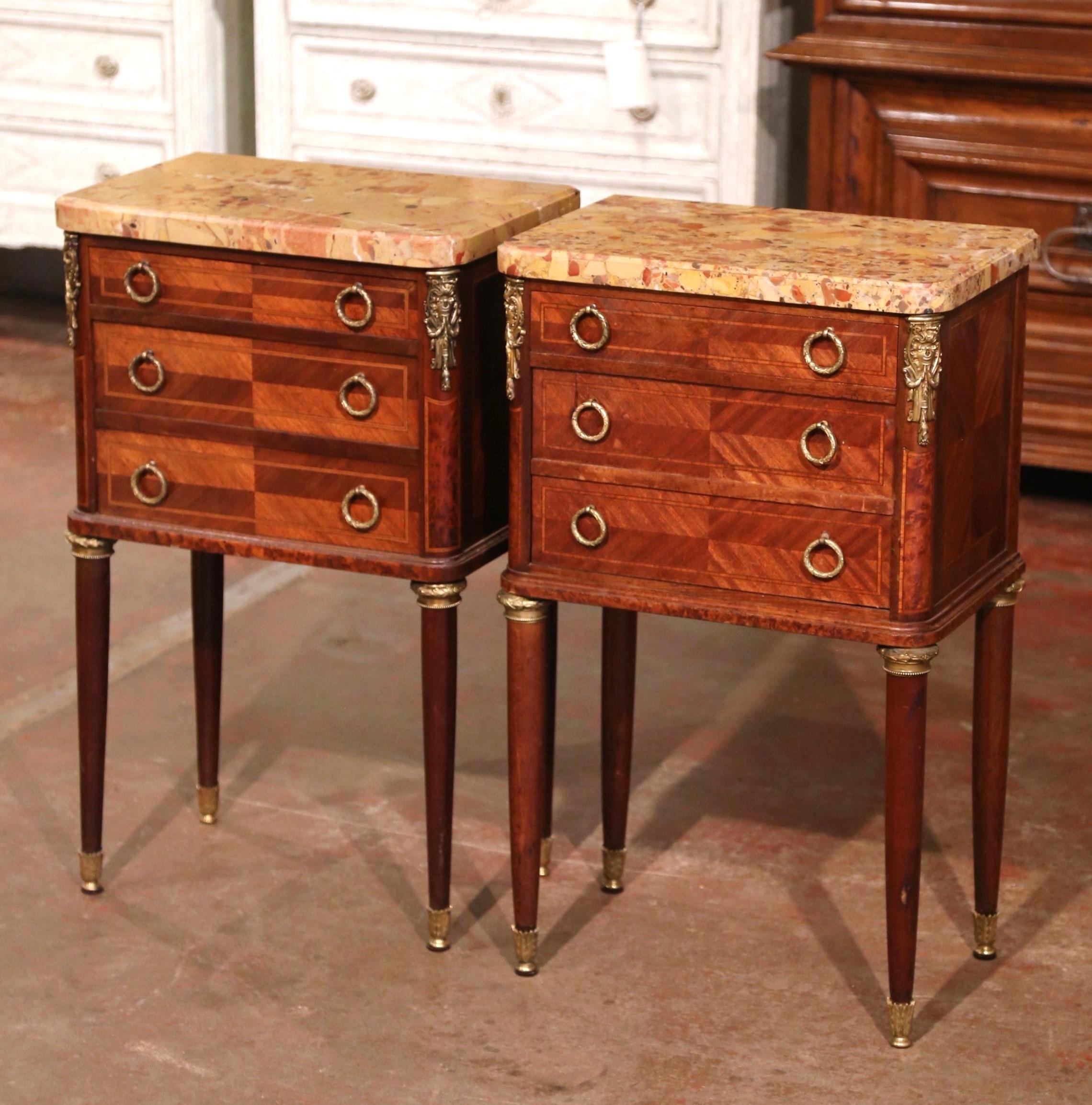 20th Century Pair of Mid-Century French Louis XVI Marble Top Bedside Tables Nightstands For Sale