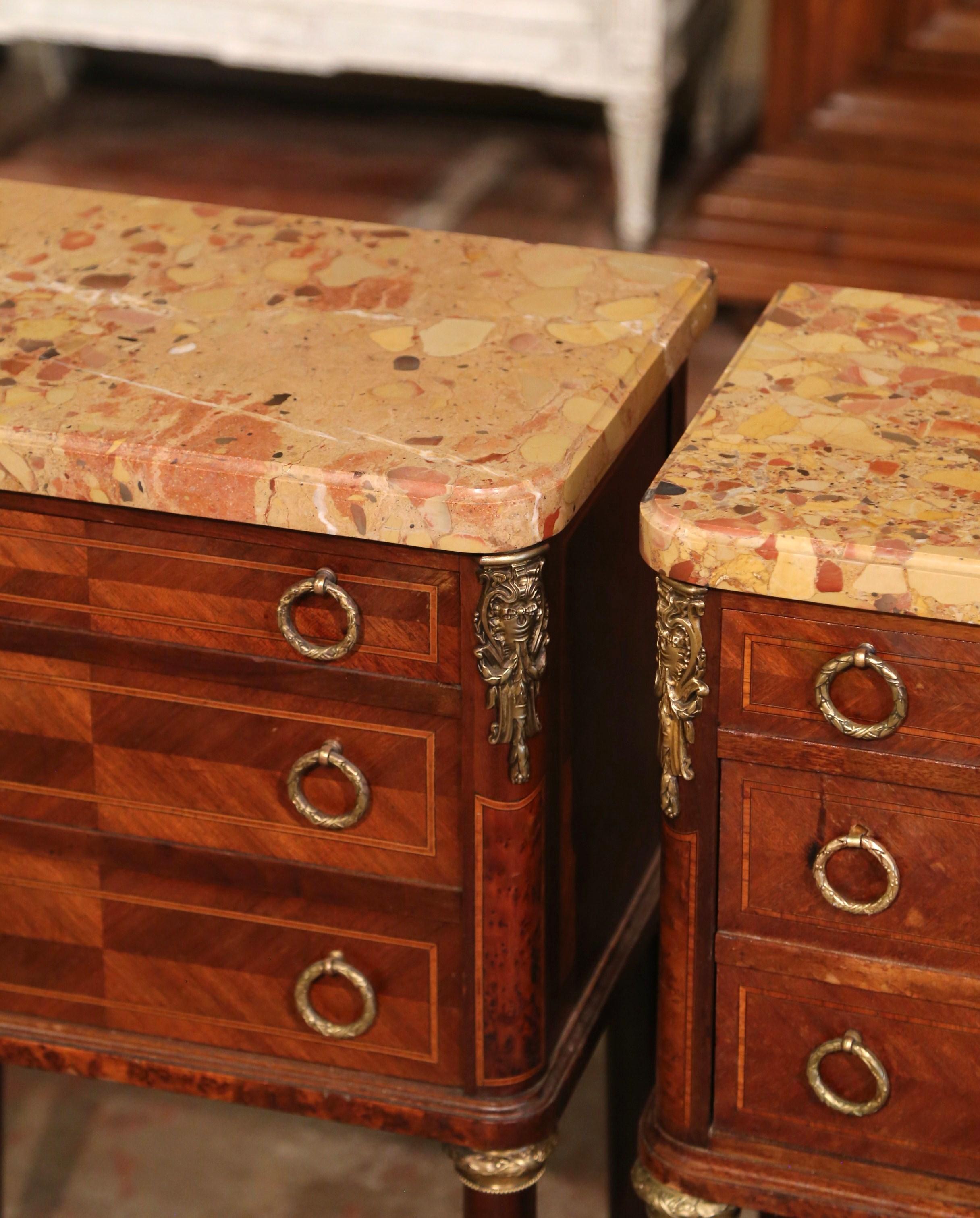 Brass Pair of Mid-Century French Louis XVI Marble Top Bedside Tables Nightstands For Sale