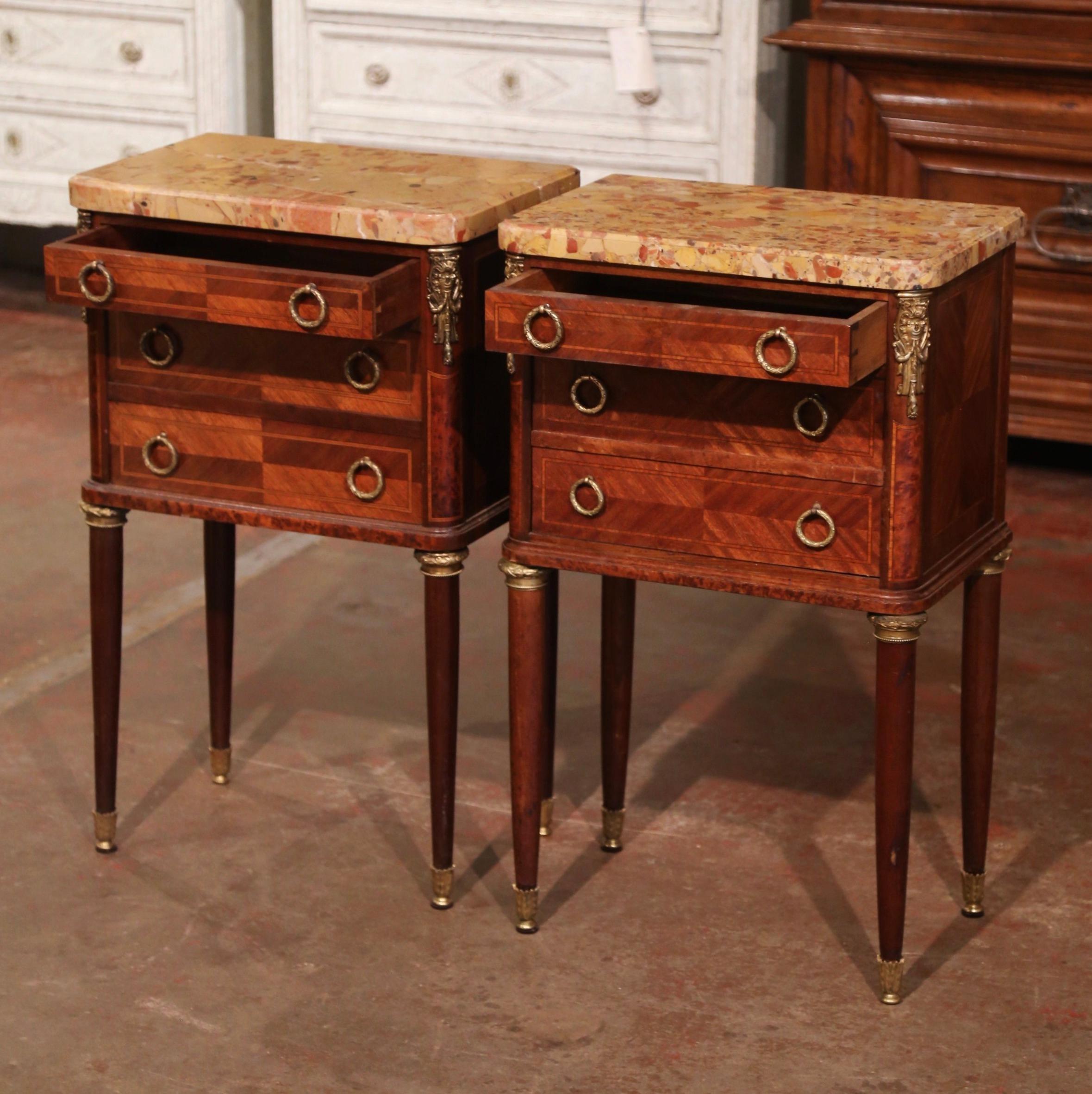 Pair of Mid-Century French Louis XVI Marble Top Bedside Tables Nightstands For Sale 1