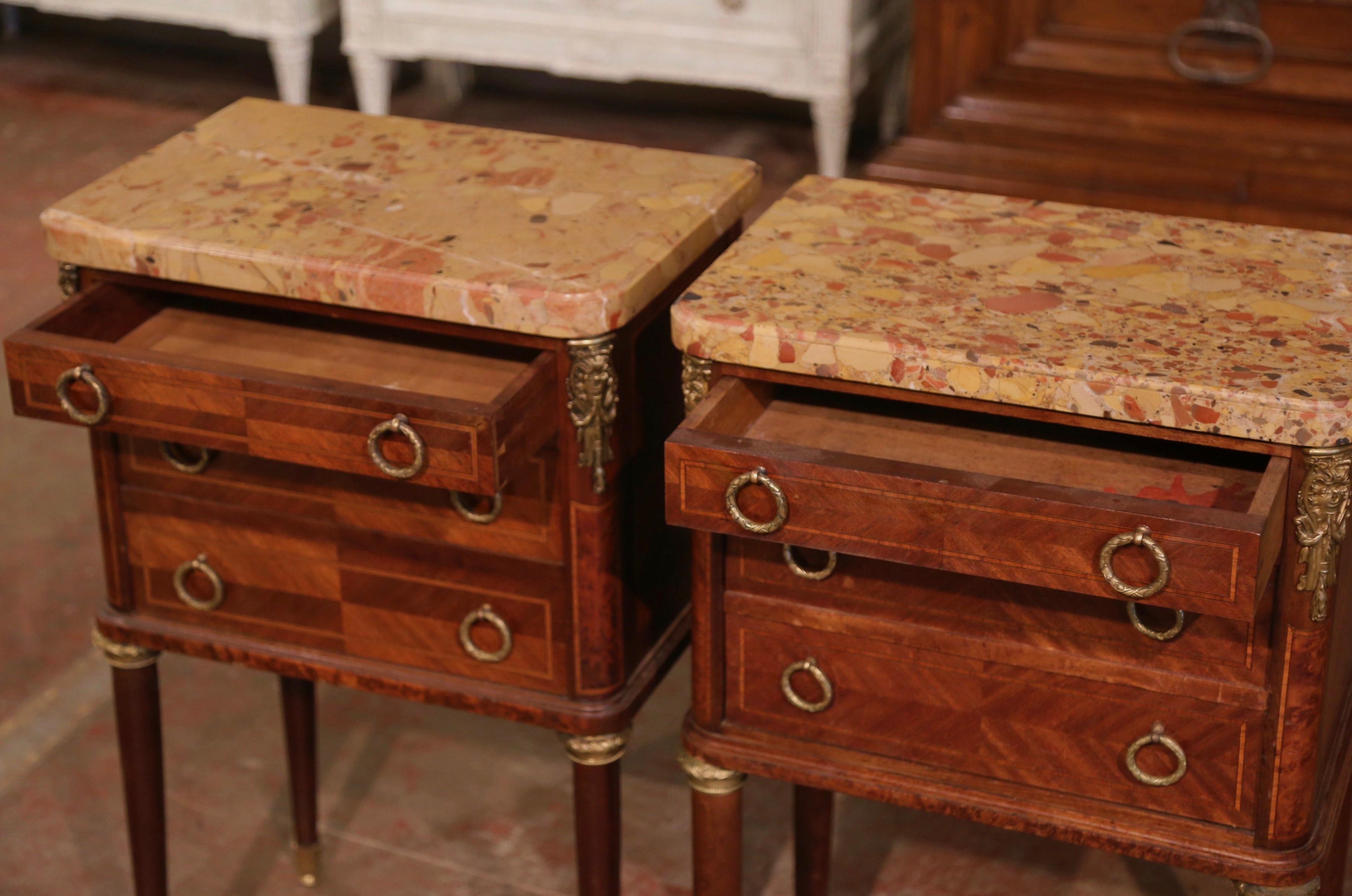 Pair of Mid-Century French Louis XVI Marble Top Bedside Tables Nightstands For Sale 2