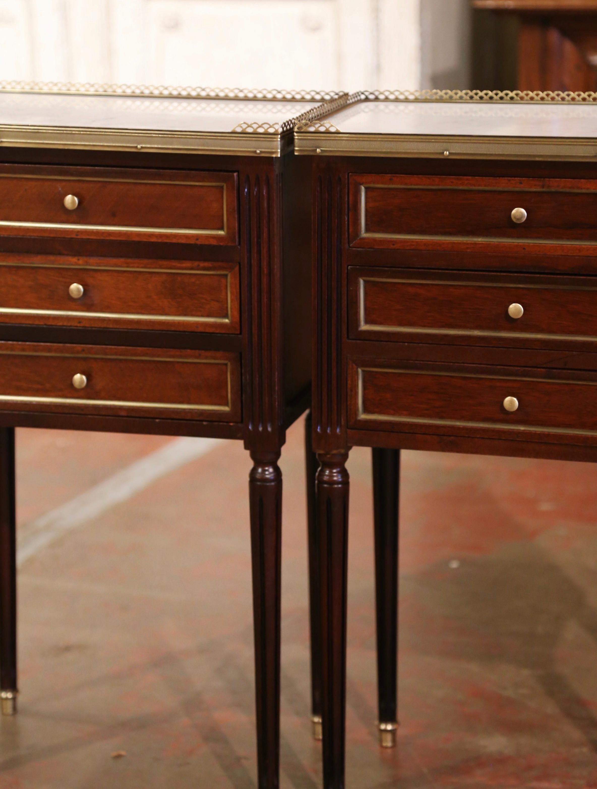 Hand-Carved Pair of Mid-Century French Louis XVI Marble Top Mahogany Nightstands Chests