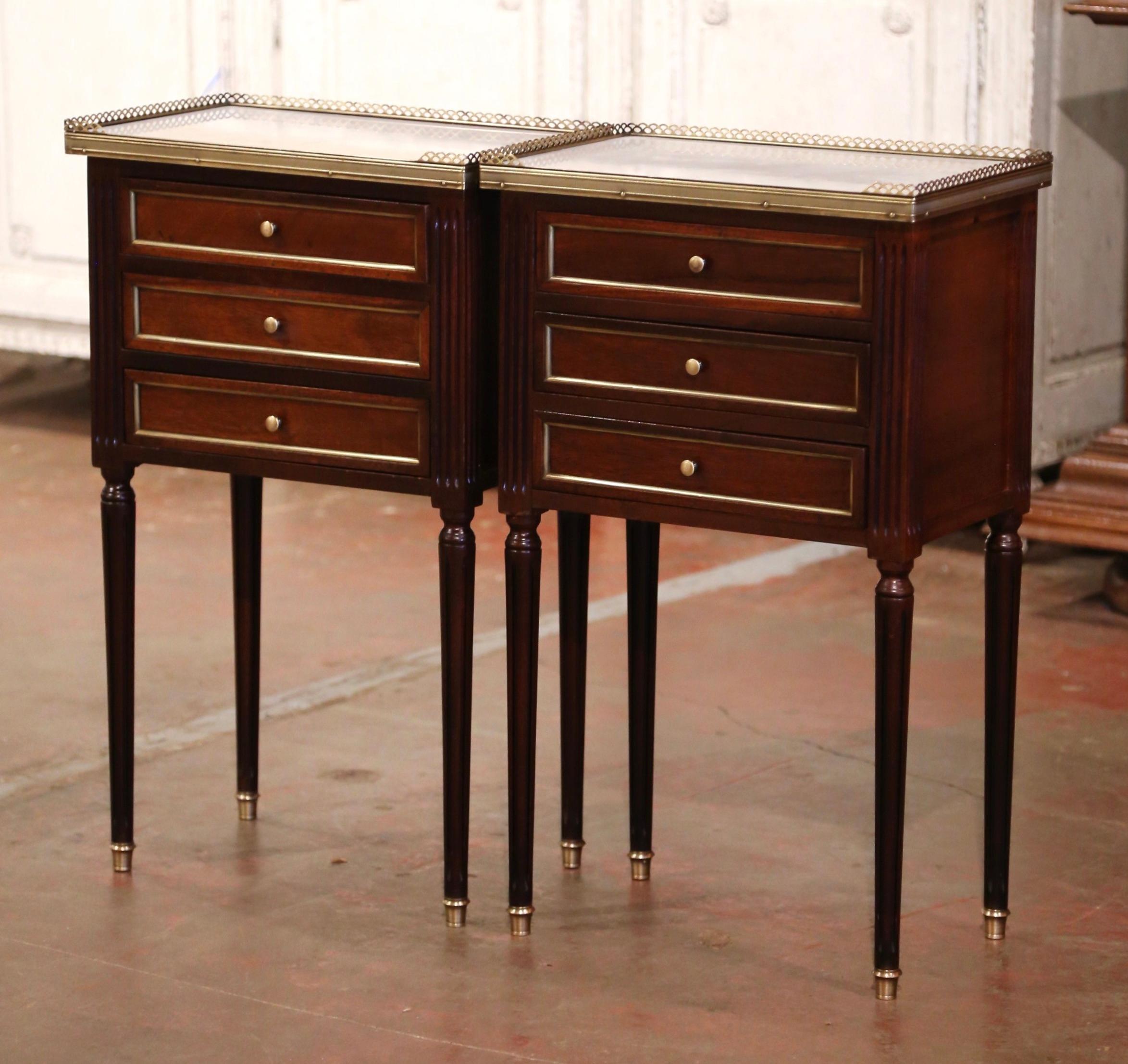 20th Century Pair of Mid-Century French Louis XVI Marble Top Mahogany Nightstands Chests