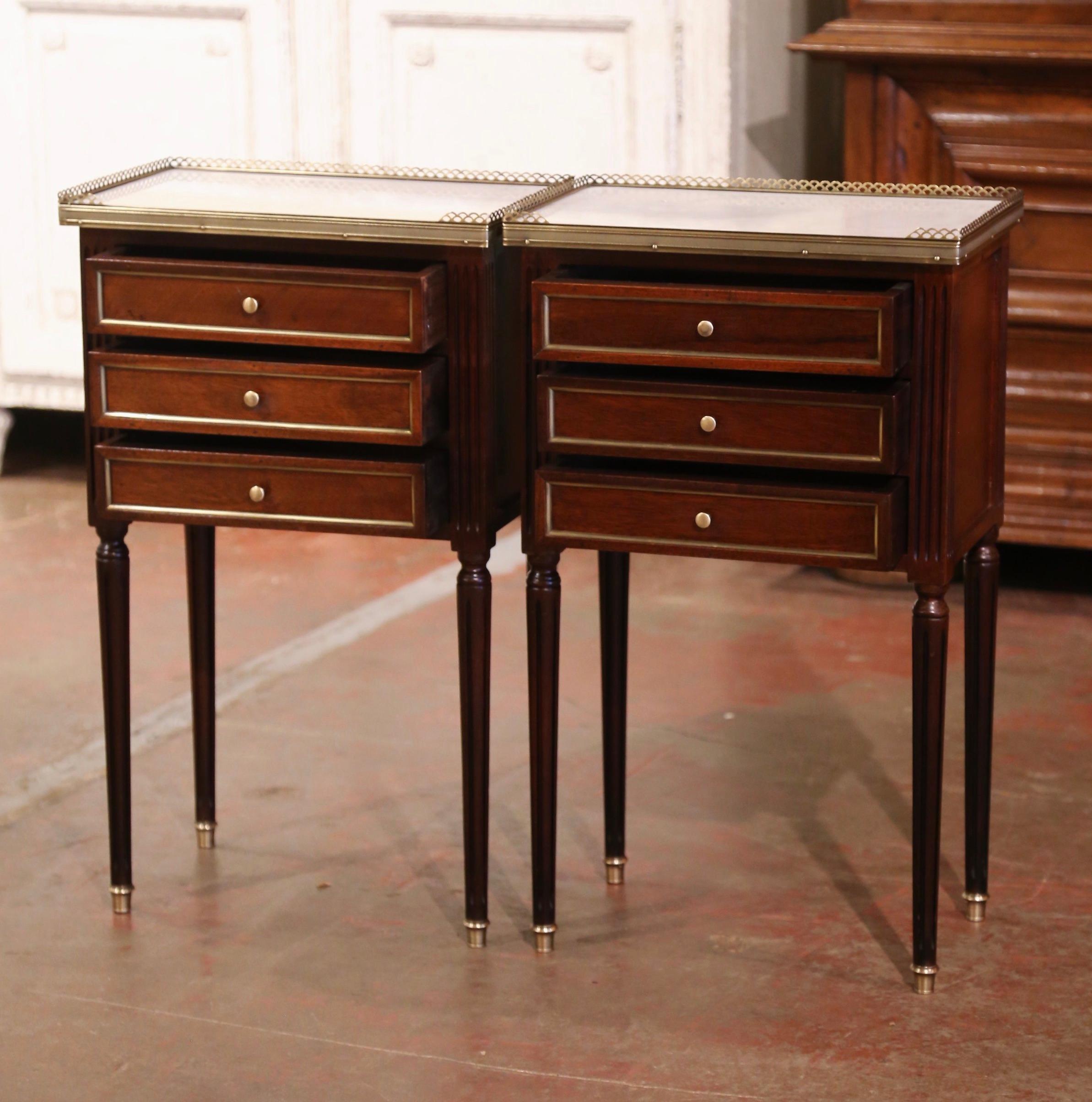 Pair of Mid-Century French Louis XVI Marble Top Mahogany Nightstands Chests 1