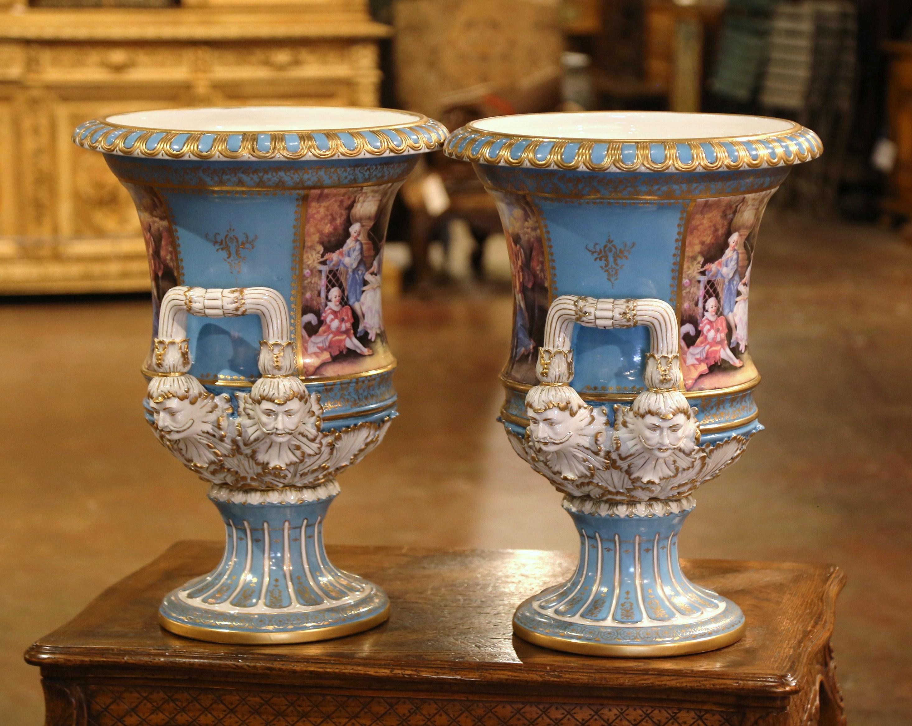 Pair of Mid-Century French Louis XVI Painted Porcelain Urns Sevres Style For Sale 7