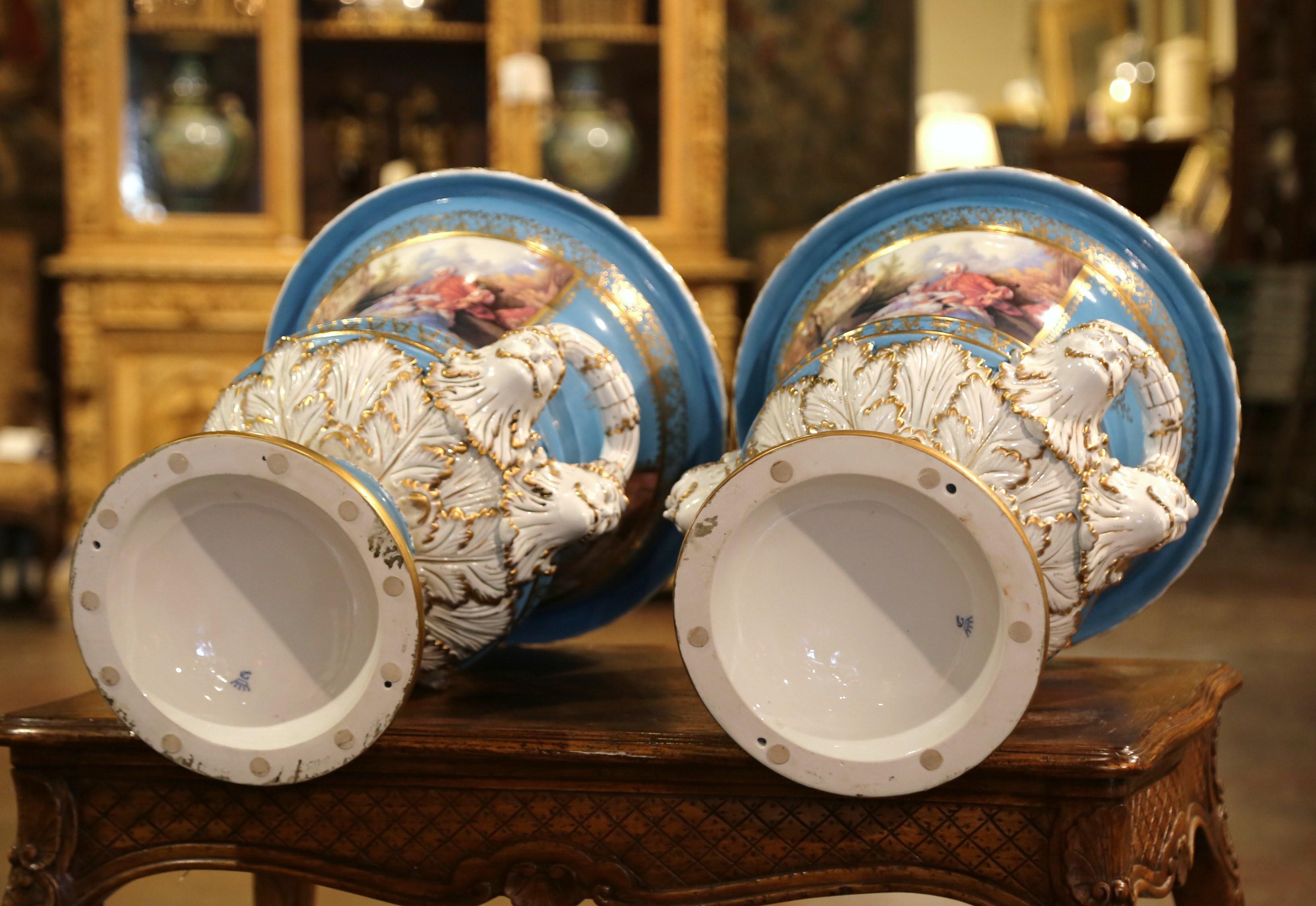 Pair of Mid-Century French Louis XVI Painted Porcelain Urns Sevres Style For Sale 9