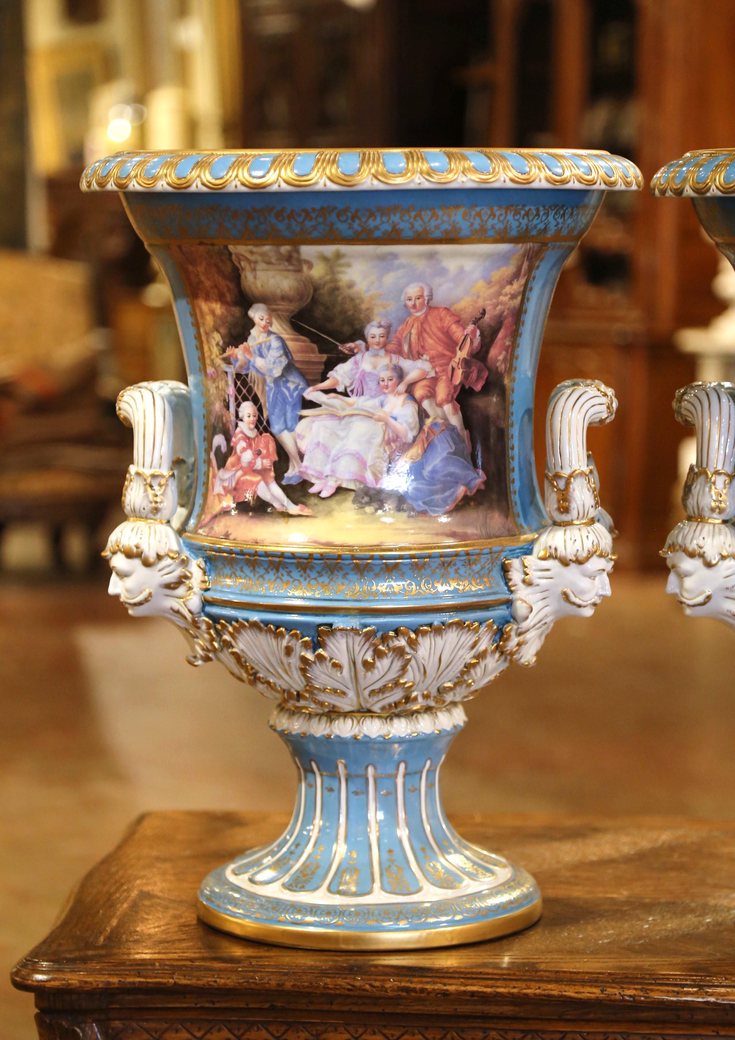 Hand-Crafted Pair of Mid-Century French Louis XVI Painted Porcelain Urns Sevres Style For Sale