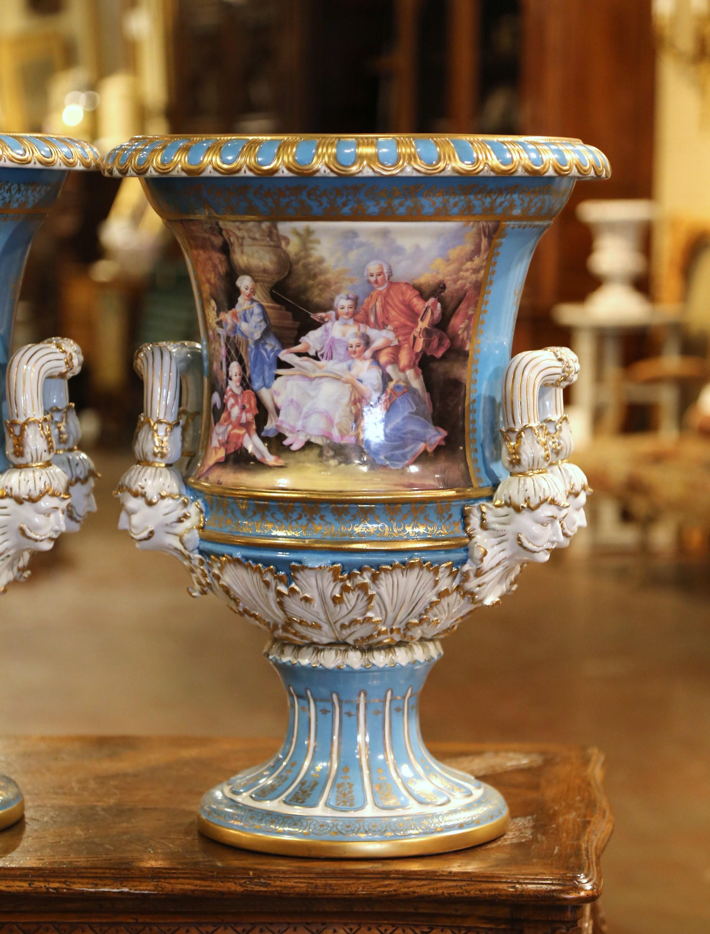 Pair of Mid-Century French Louis XVI Painted Porcelain Urns Sevres Style In Excellent Condition For Sale In Dallas, TX