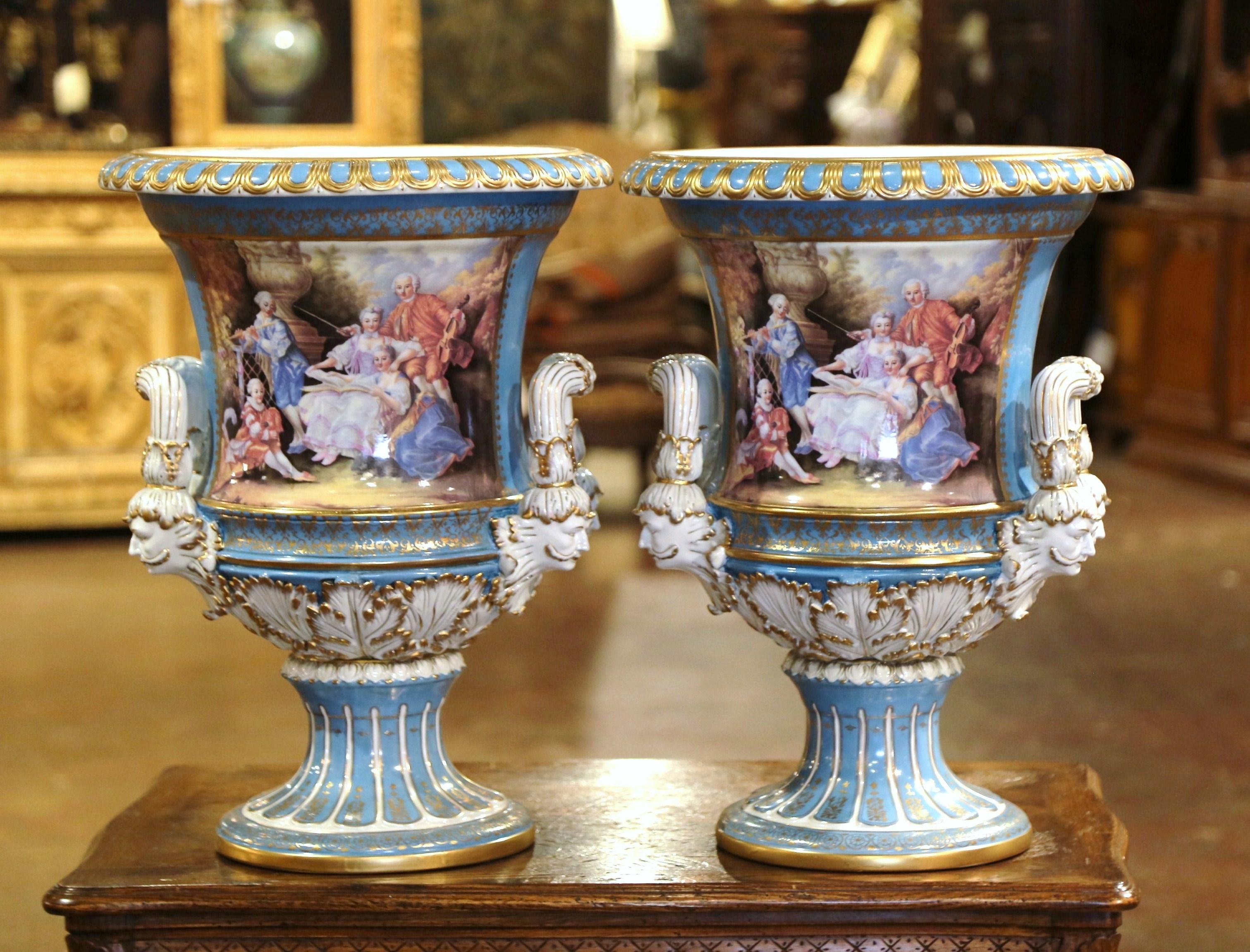 20th Century Pair of Mid-Century French Louis XVI Painted Porcelain Urns Sevres Style For Sale