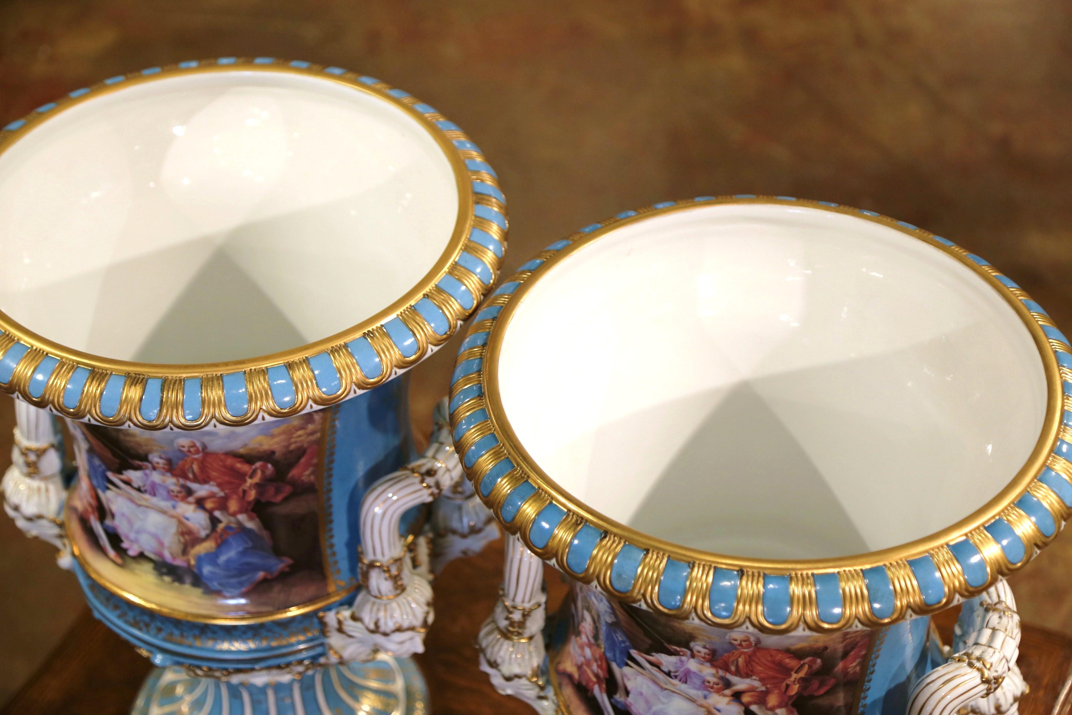 Pair of Mid-Century French Louis XVI Painted Porcelain Urns Sevres Style For Sale 2