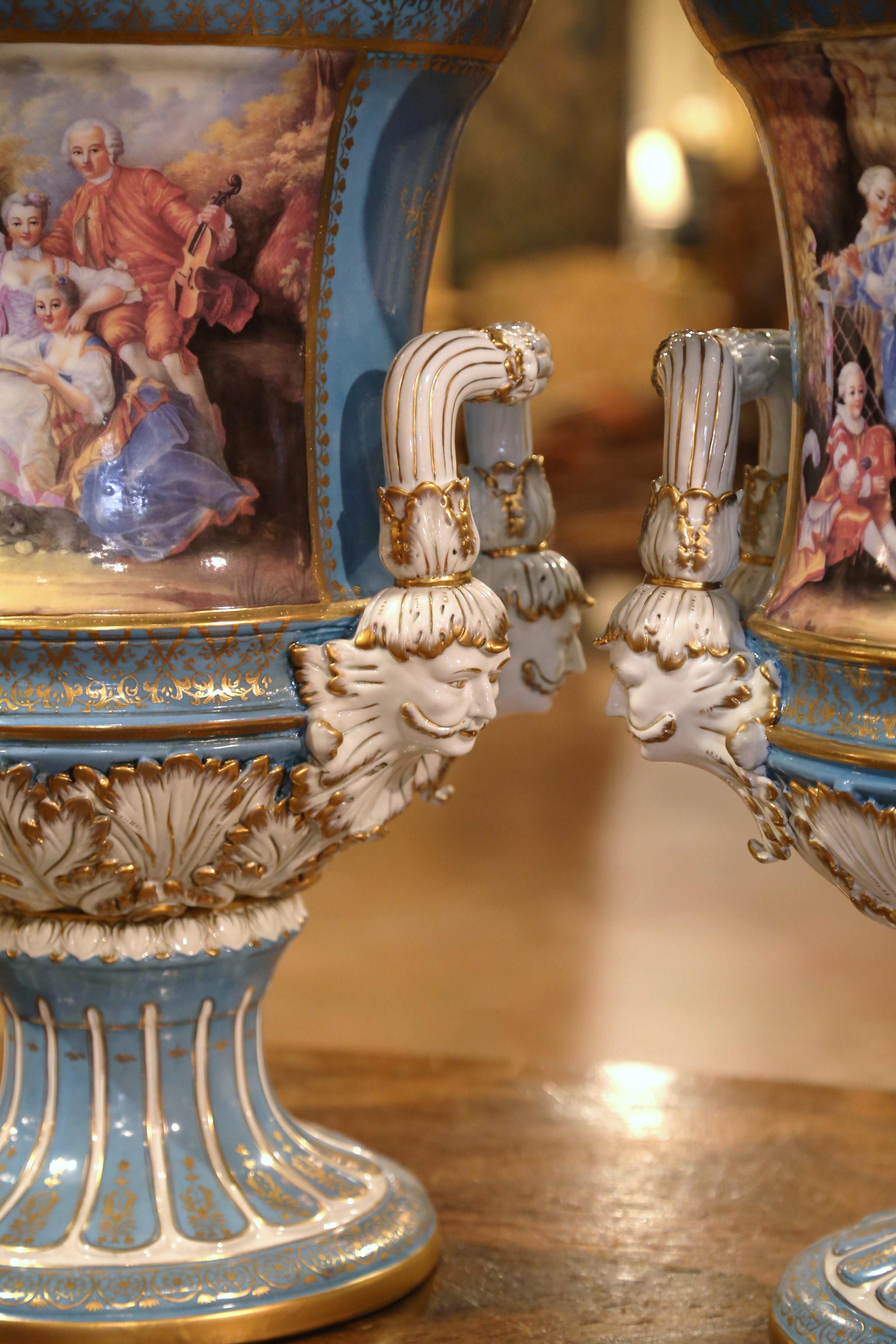 Pair of Mid-Century French Louis XVI Painted Porcelain Urns Sevres Style For Sale 3