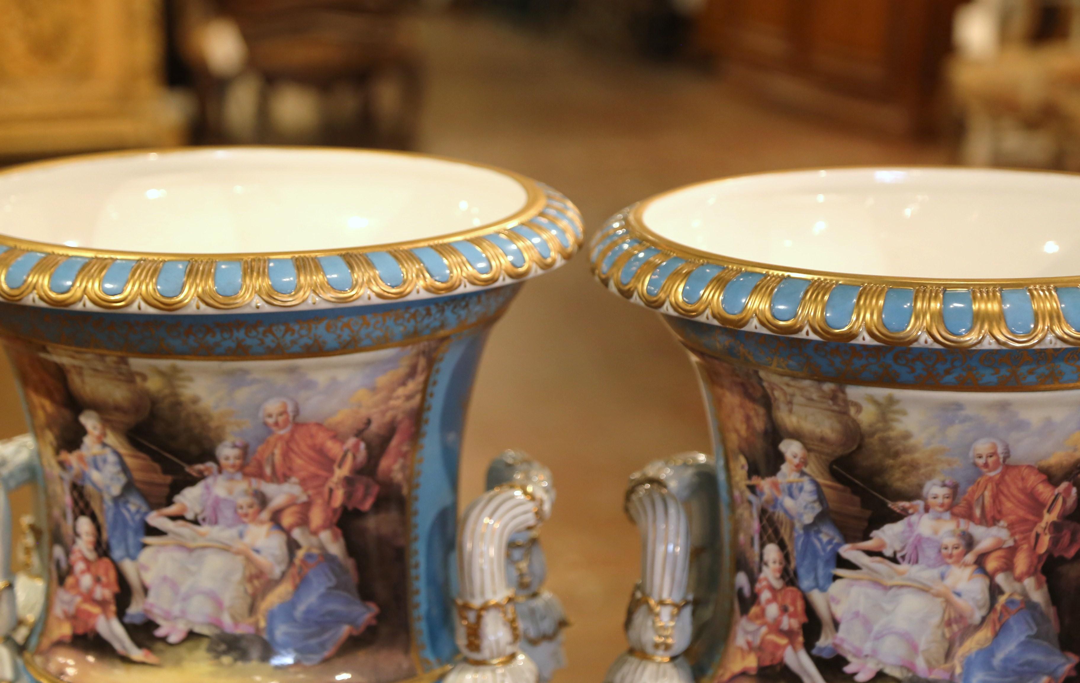 Pair of Mid-Century French Louis XVI Painted Porcelain Urns Sevres Style For Sale 4