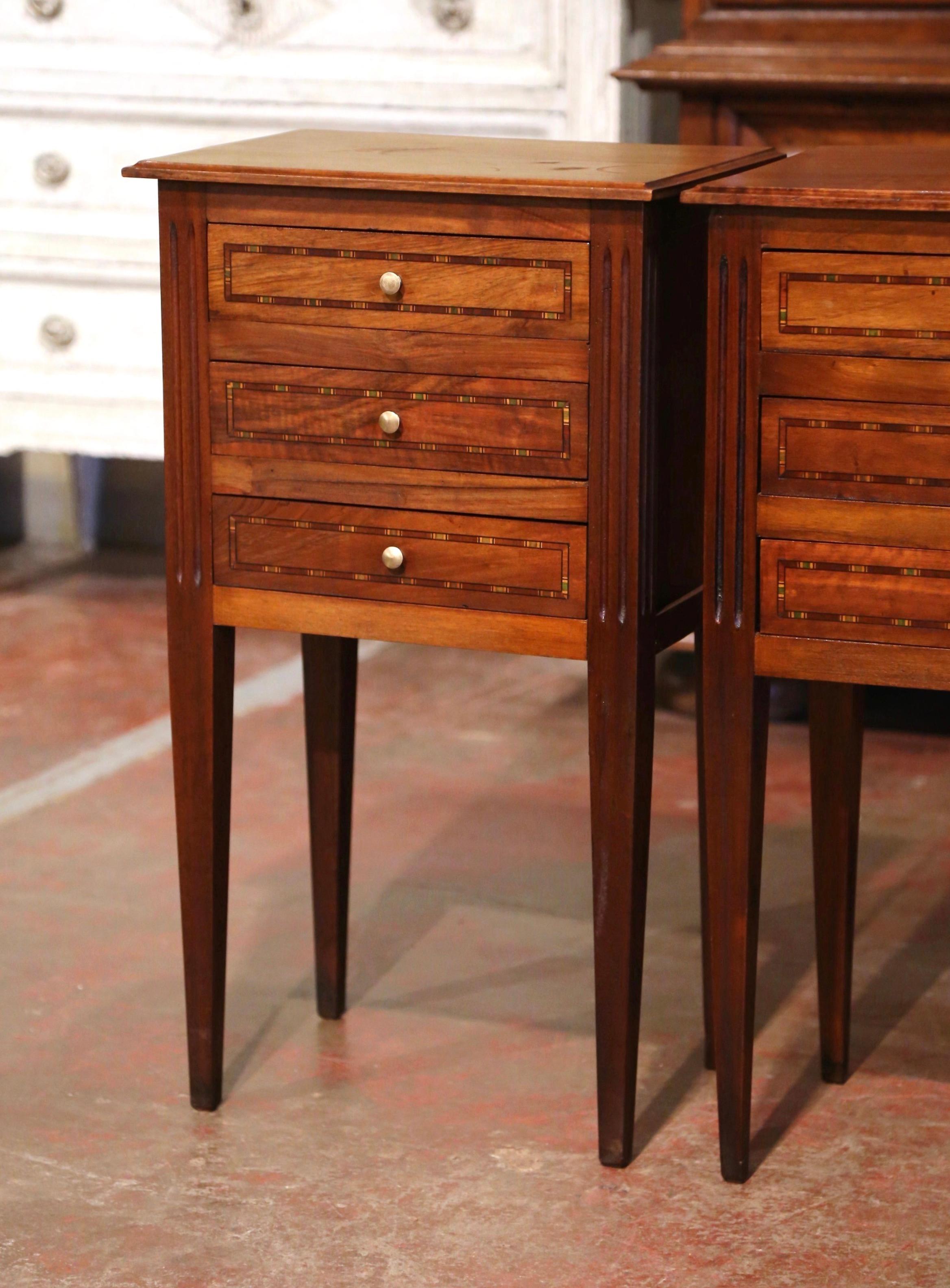 Hand-Carved Pair of Mid-Century French Louis XVI Walnut Inlay Nightstands Bedside Tables