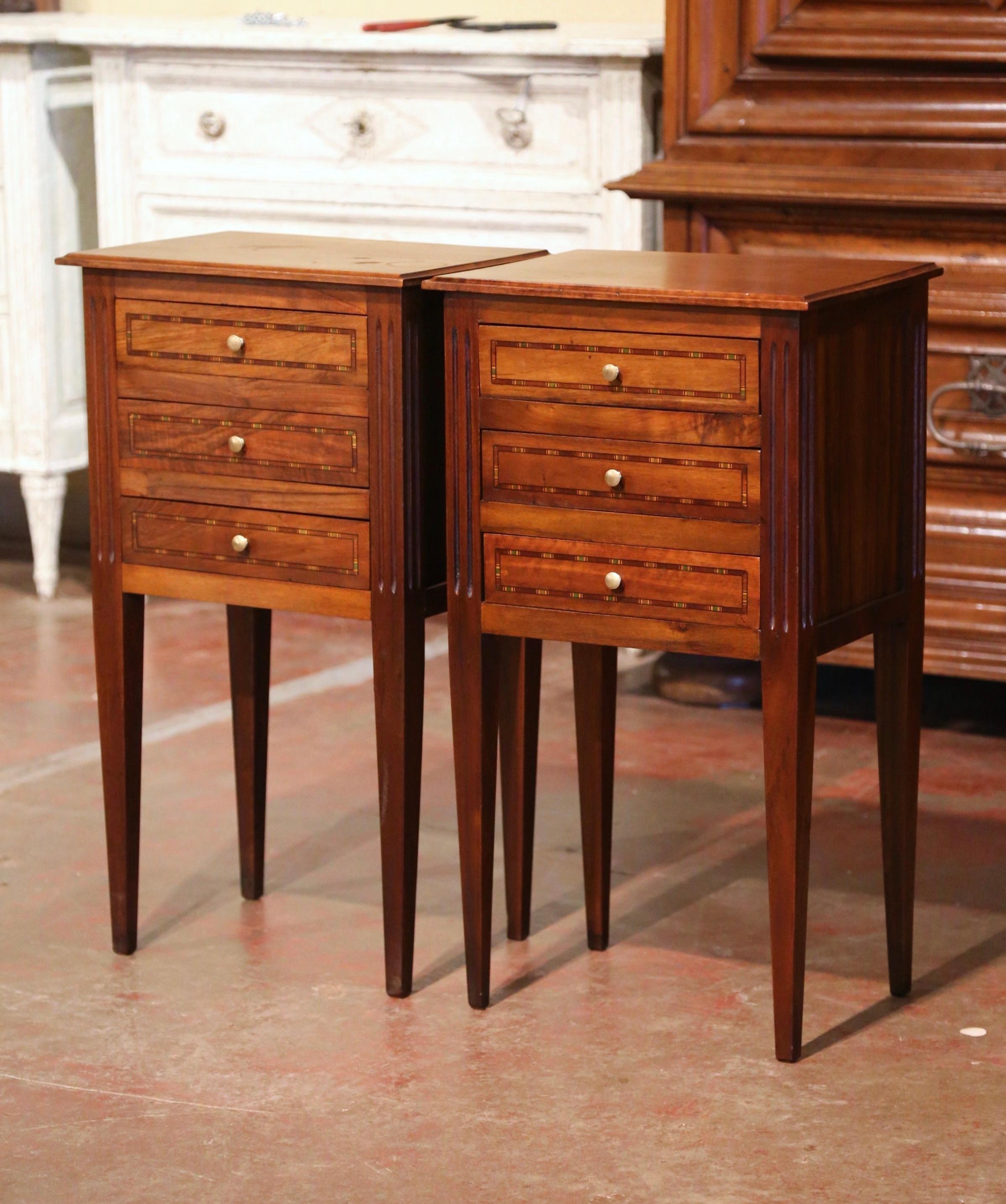 20th Century Pair of Mid-Century French Louis XVI Walnut Inlay Nightstands Bedside Tables