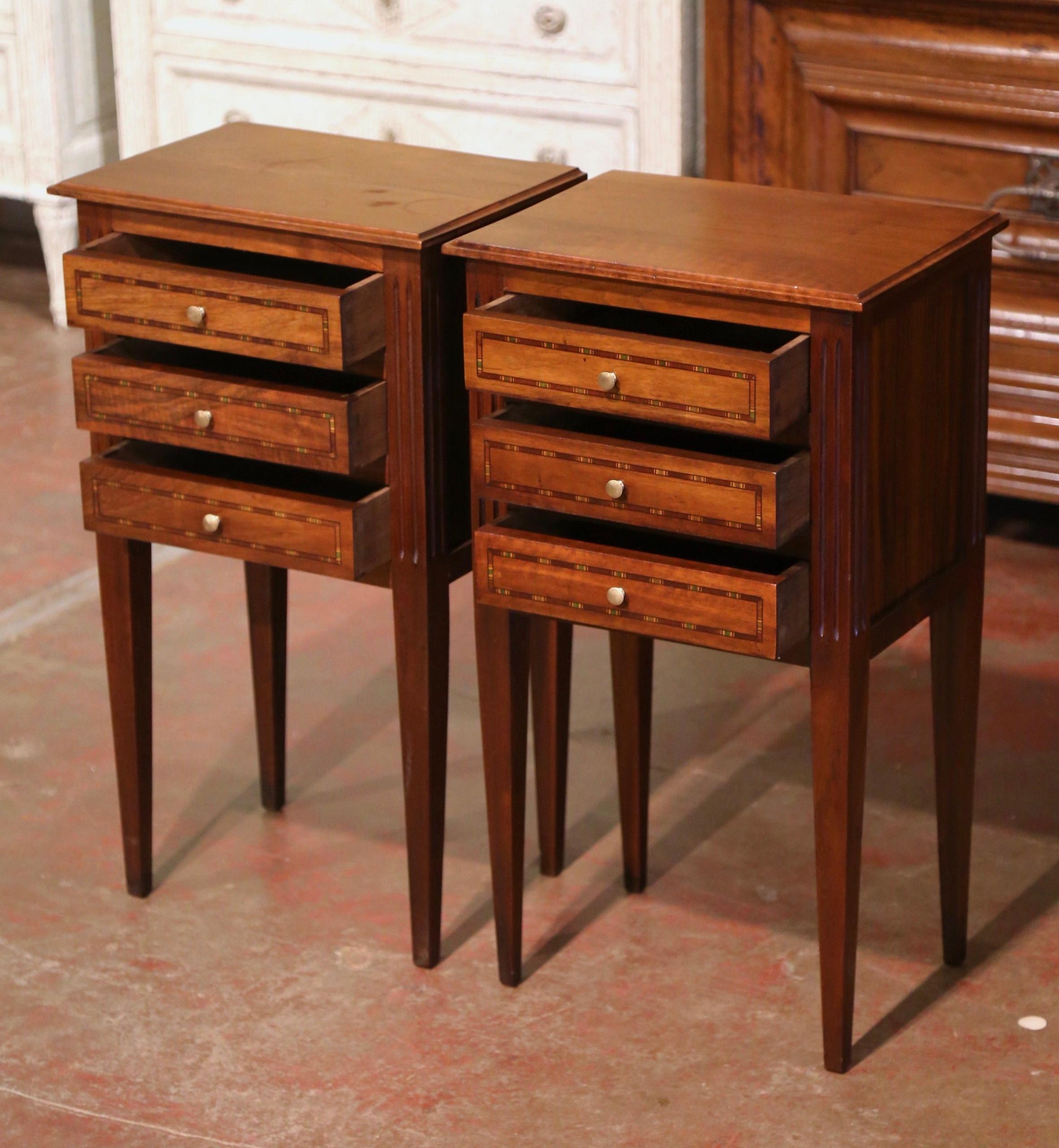 Pair of Mid-Century French Louis XVI Walnut Inlay Nightstands Bedside Tables 1