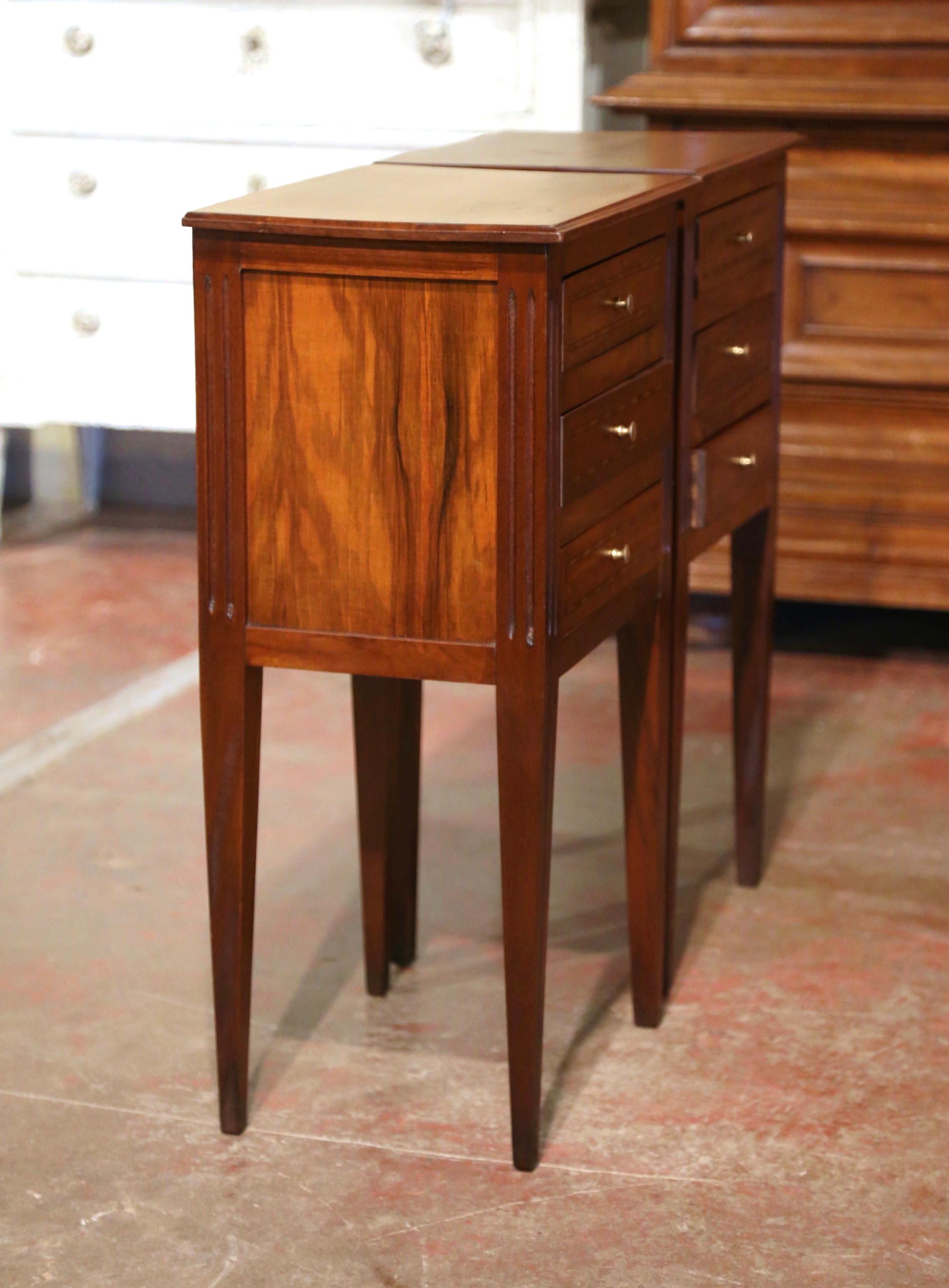 Pair of Mid-Century French Louis XVI Walnut Inlay Nightstands Bedside Tables 3