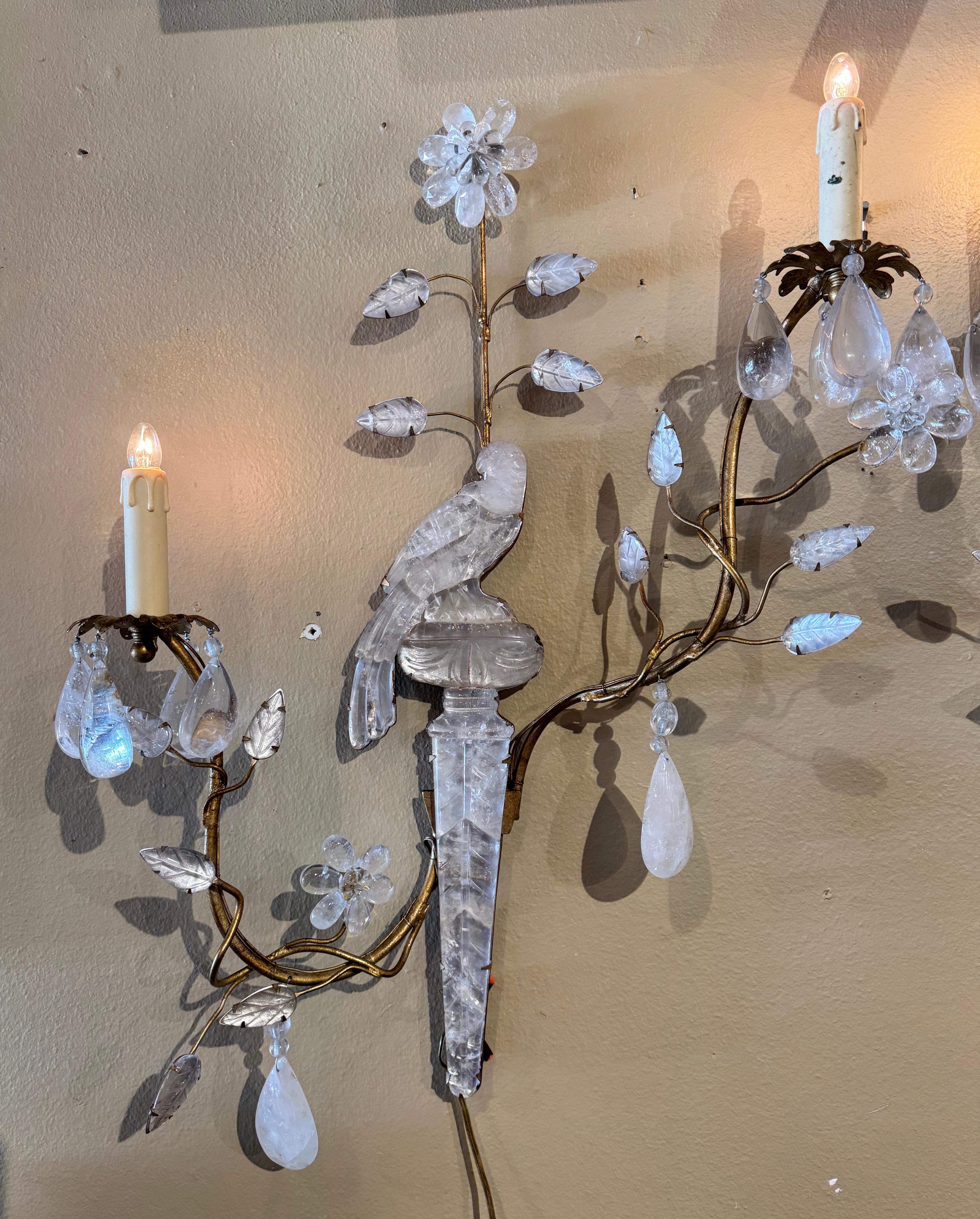 Hand-Crafted Pair of Mid-Century French Maison Bagues Rock Crystal and Metal Wall Sconces For Sale