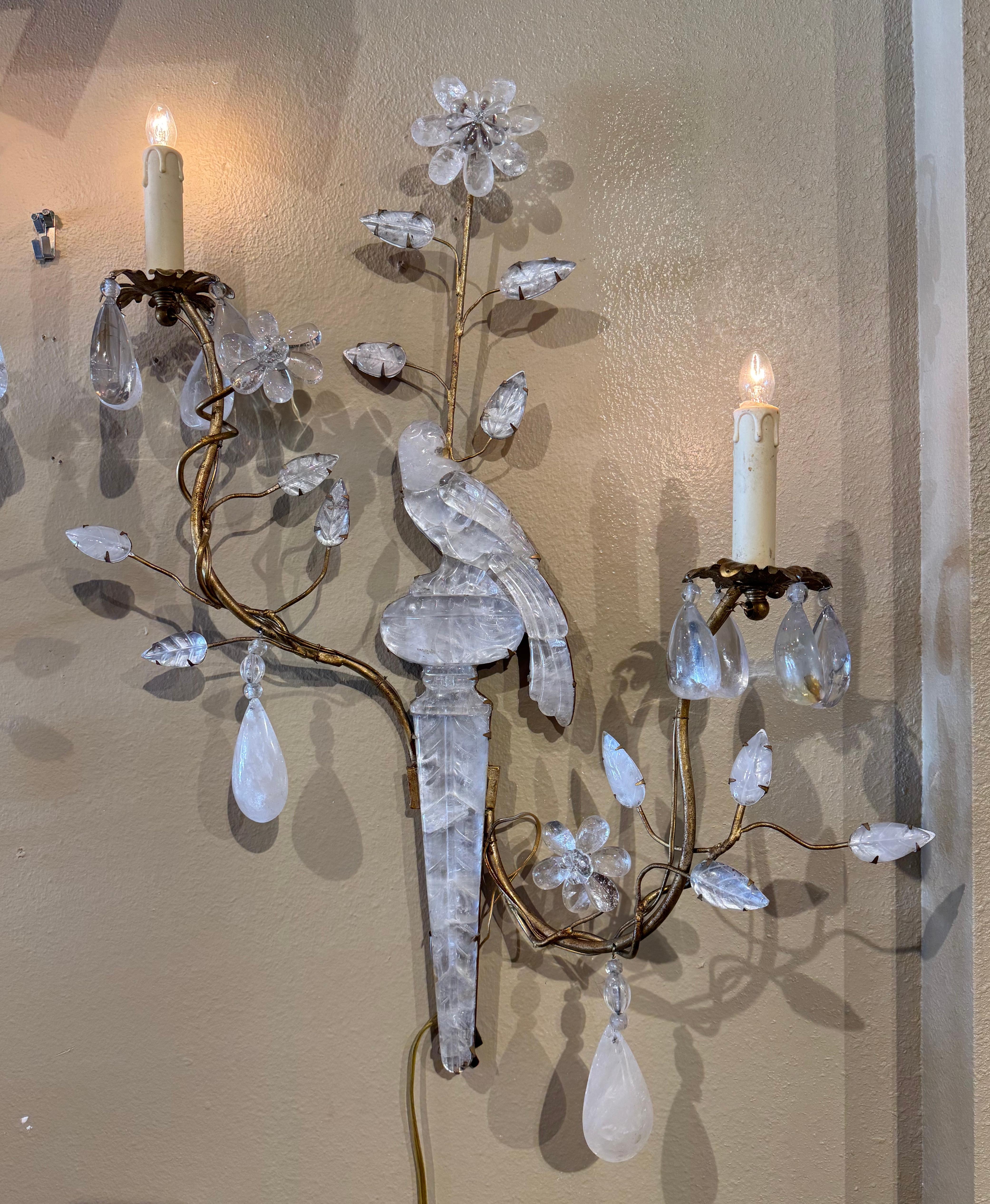 Pair of Mid-Century French Maison Bagues Rock Crystal and Metal Wall Sconces In Excellent Condition For Sale In Dallas, TX
