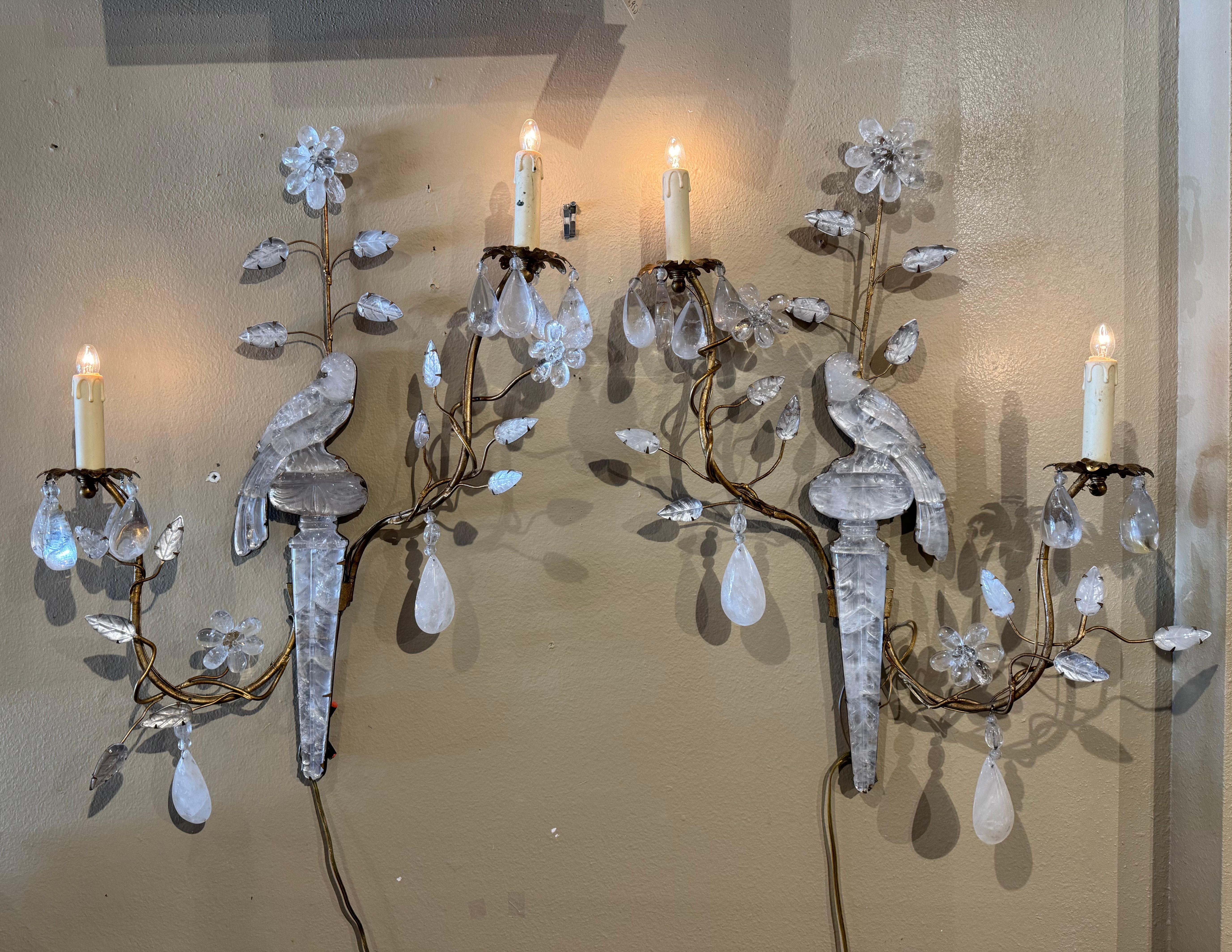 Pair of Mid-Century French Maison Bagues Rock Crystal and Metal Wall Sconces For Sale 1
