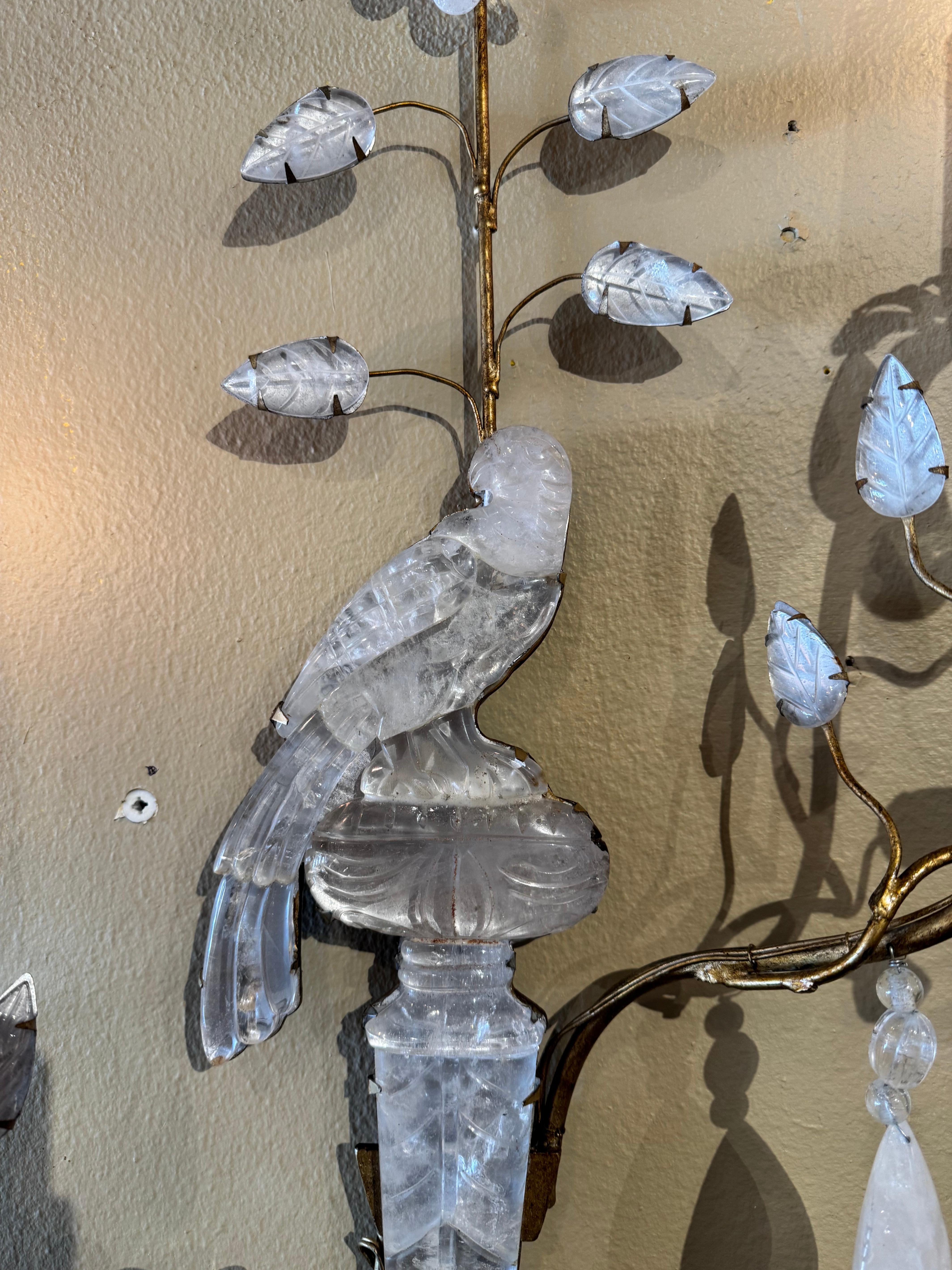 Pair of Mid-Century French Maison Bagues Rock Crystal and Metal Wall Sconces For Sale 2