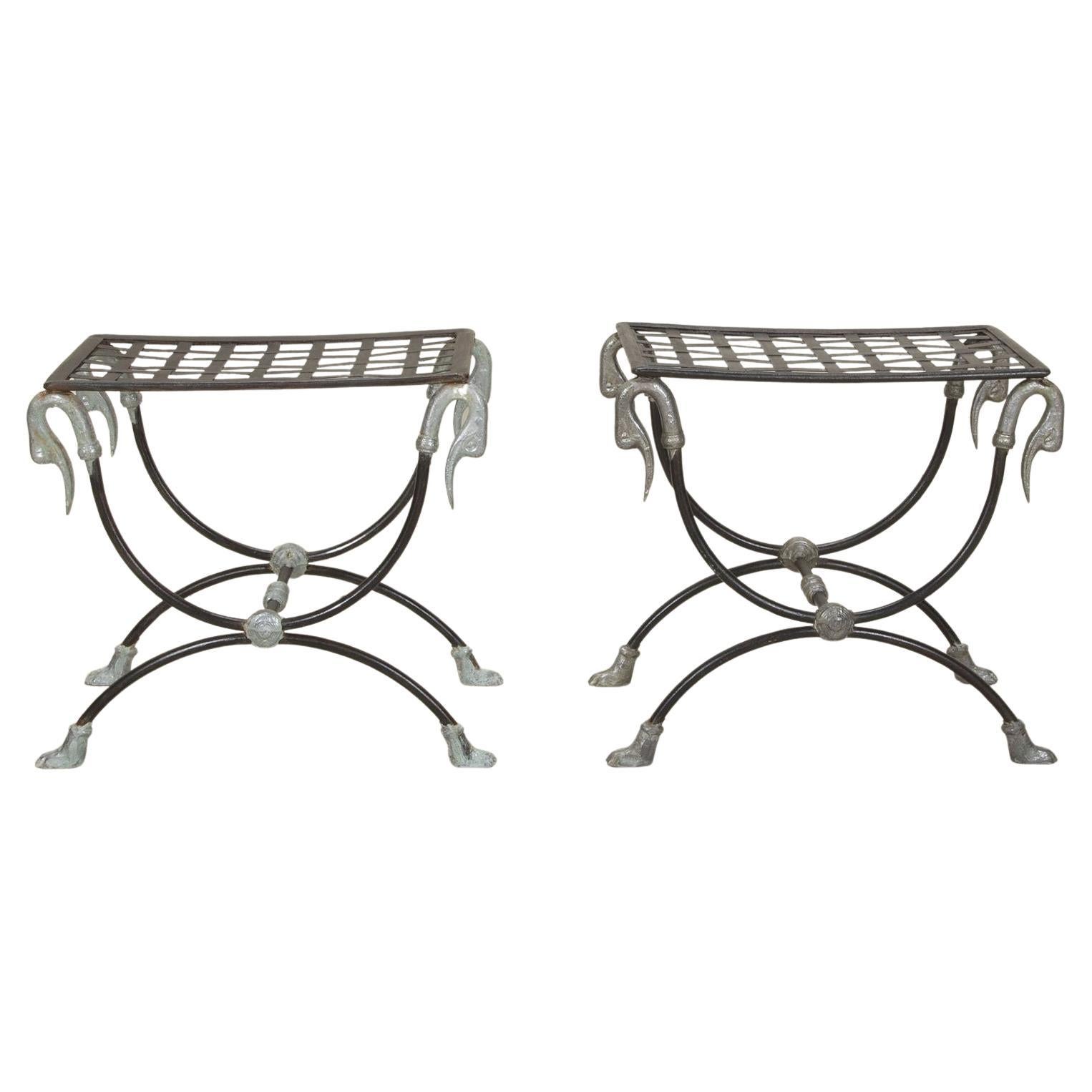 Pair of Mid-Century French Maison Jansen Style Curule Stools For Sale