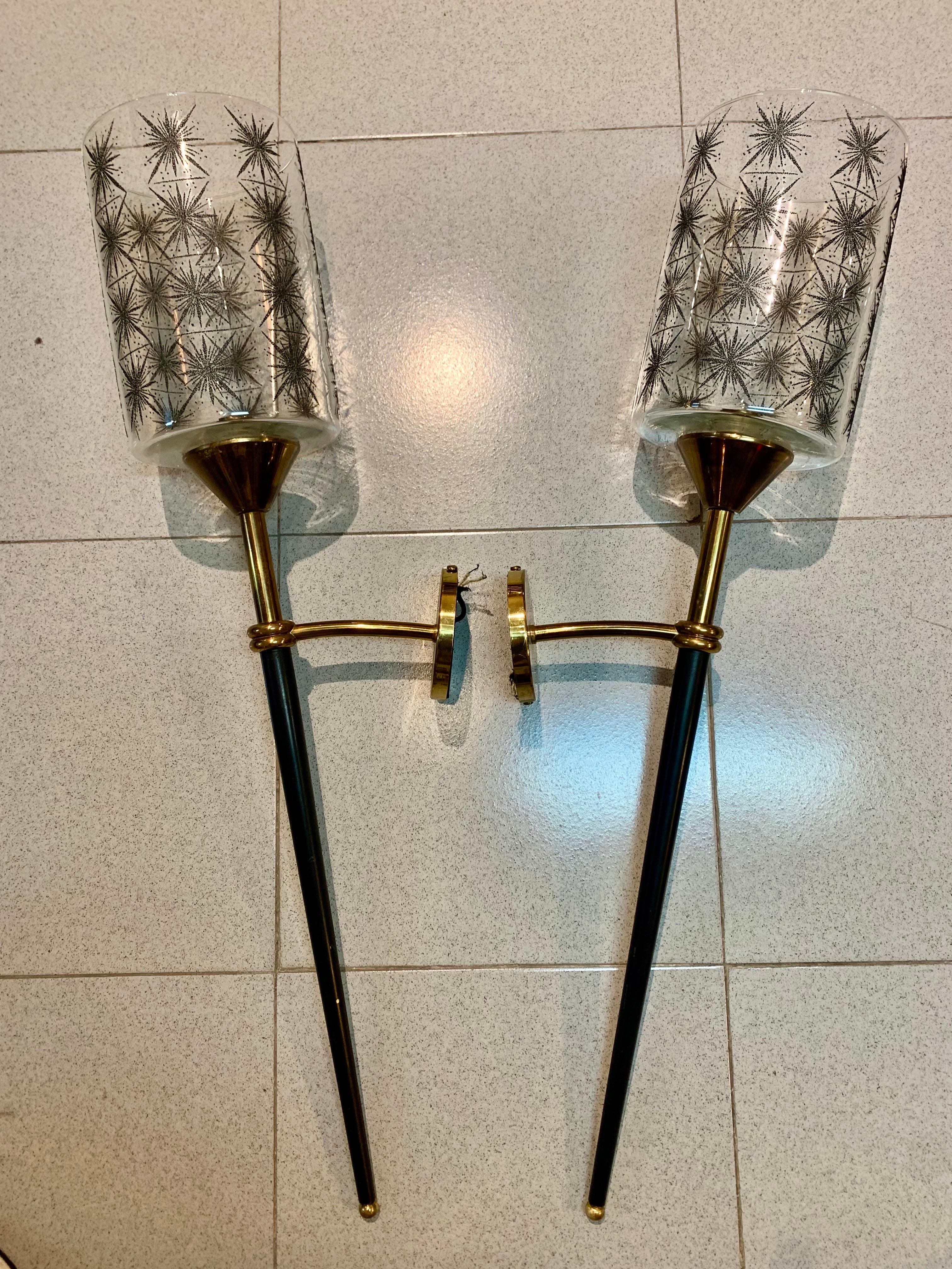 Pair of Mid Century French Maison Lunel Brass and Lacquered Torchere Wall Sconce For Sale 7