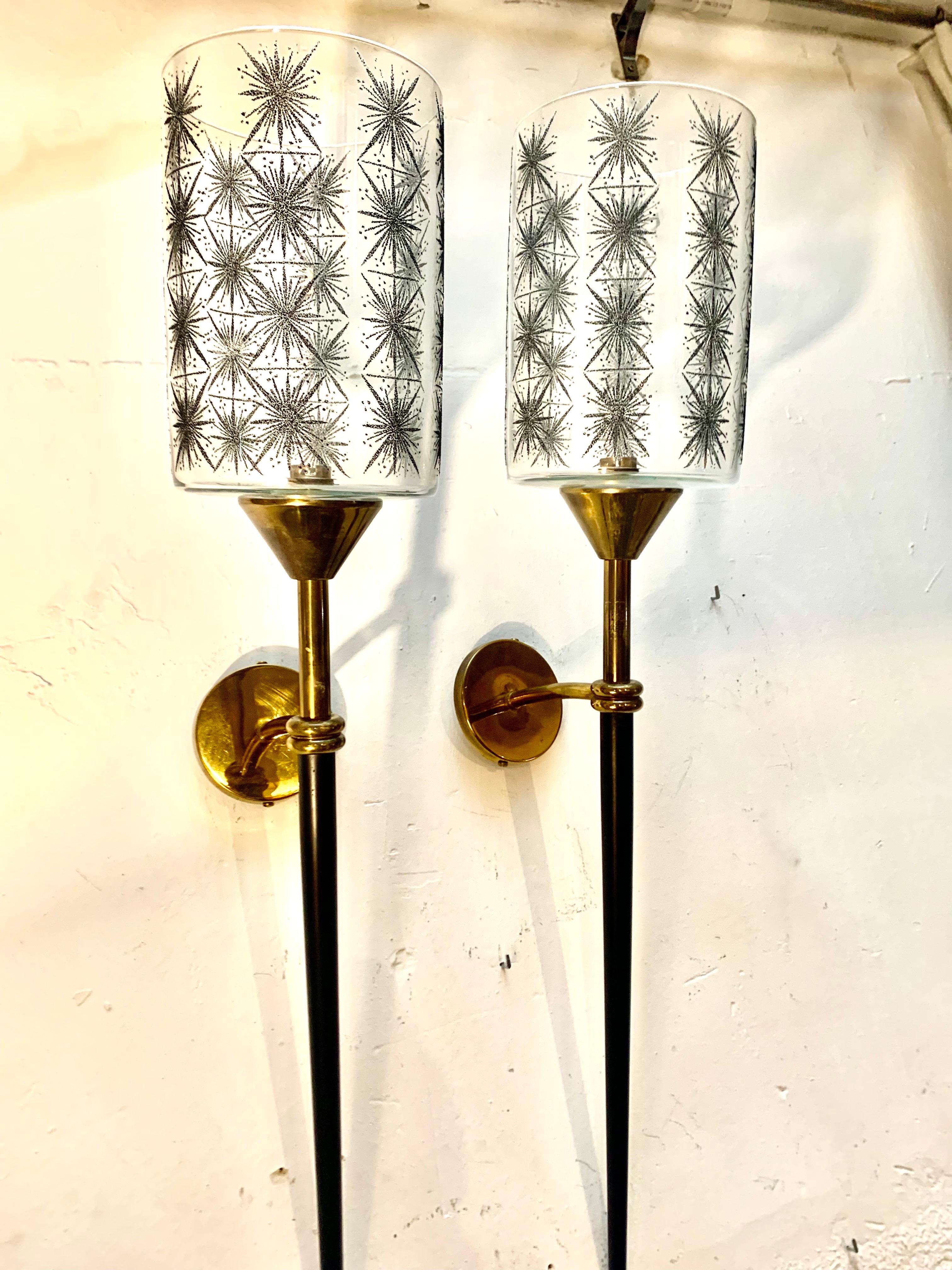 Pair of large Maison Lunel torchere wall sconces, made of gunmetal and polished bronze and brass , with blown glass shade lamp. 
