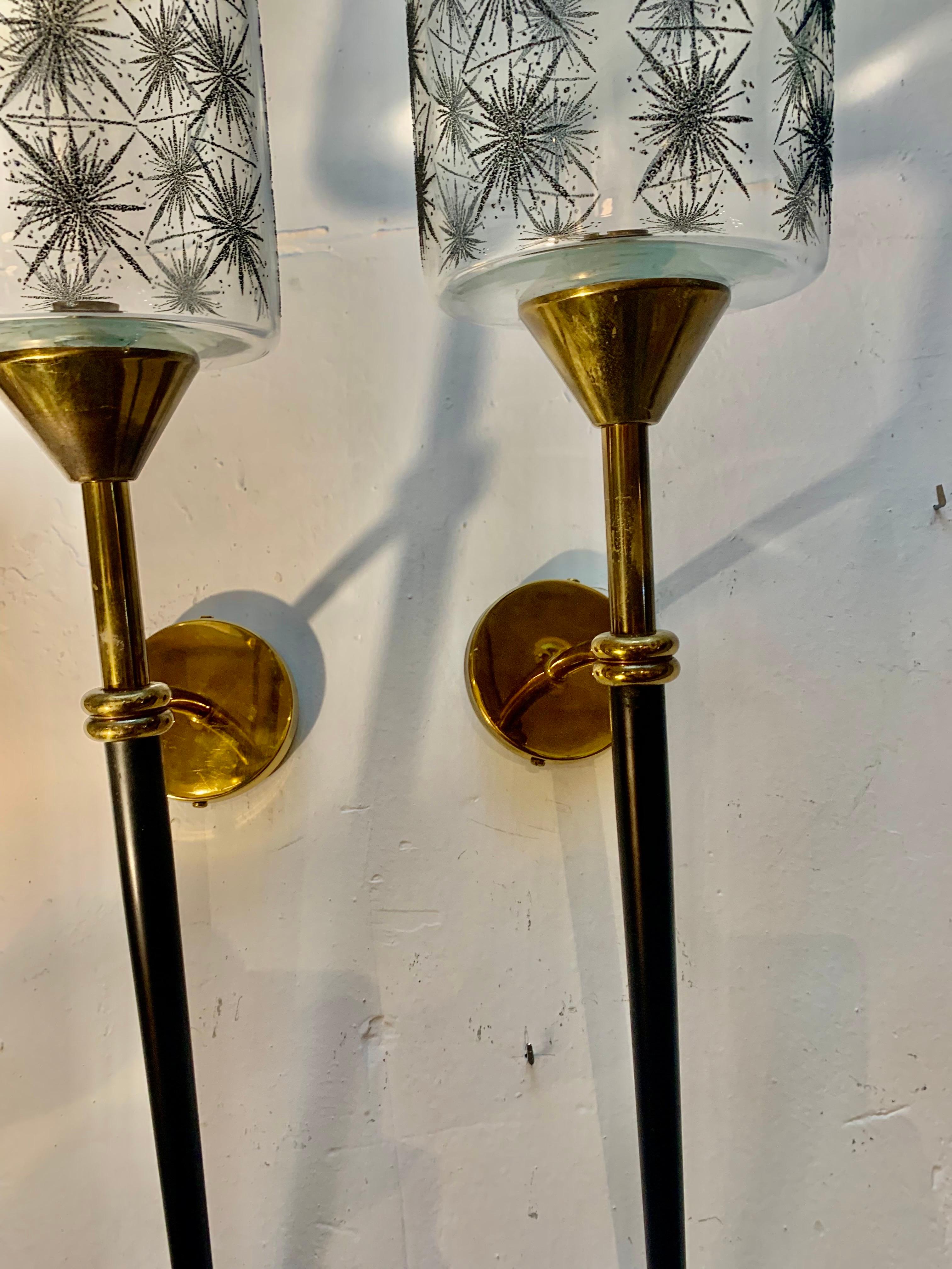 20th Century Pair of Mid Century French Maison Lunel Brass and Lacquered Torchere Wall Sconce For Sale