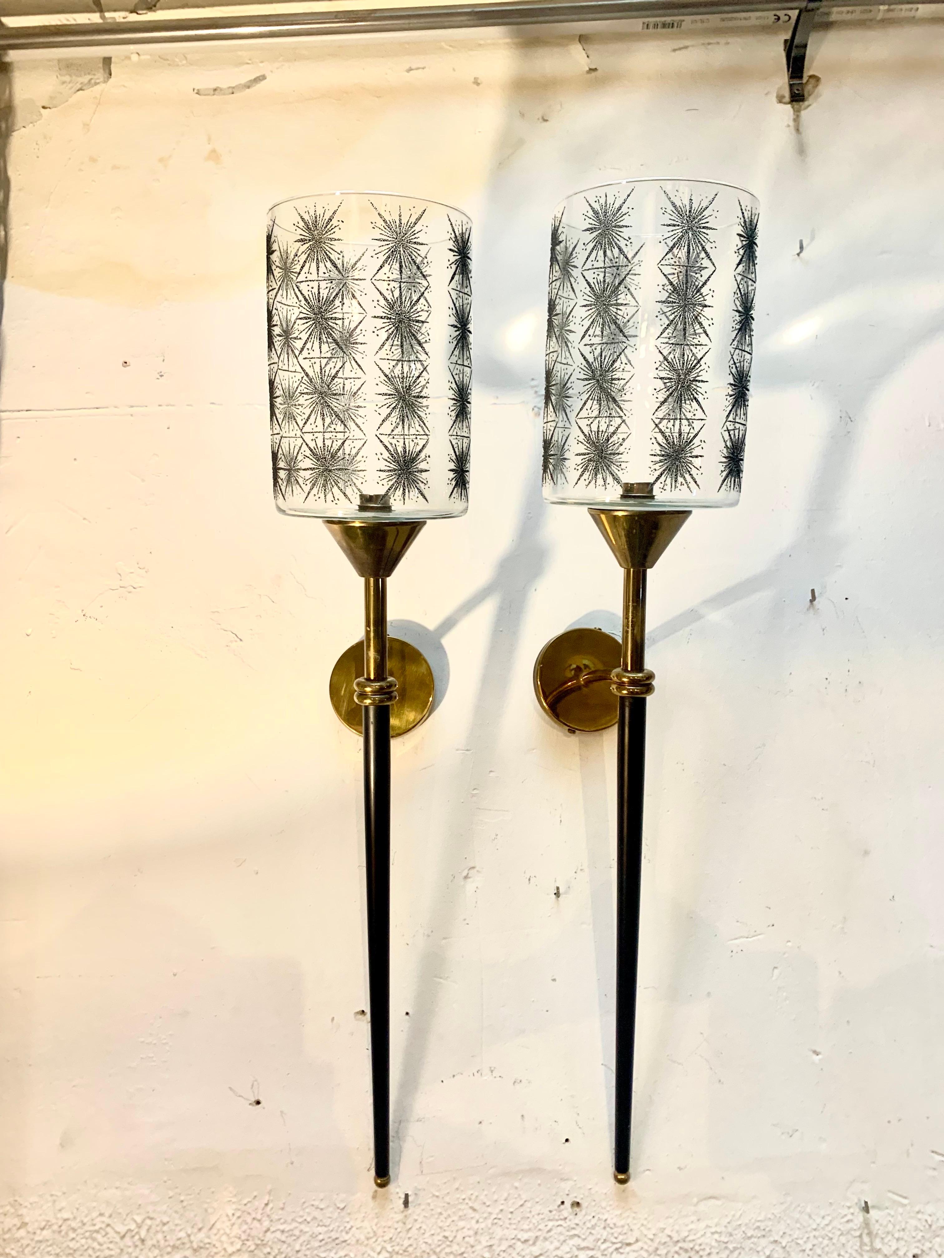 Metal Pair of Mid Century French Maison Lunel Brass and Lacquered Torchere Wall Sconce For Sale