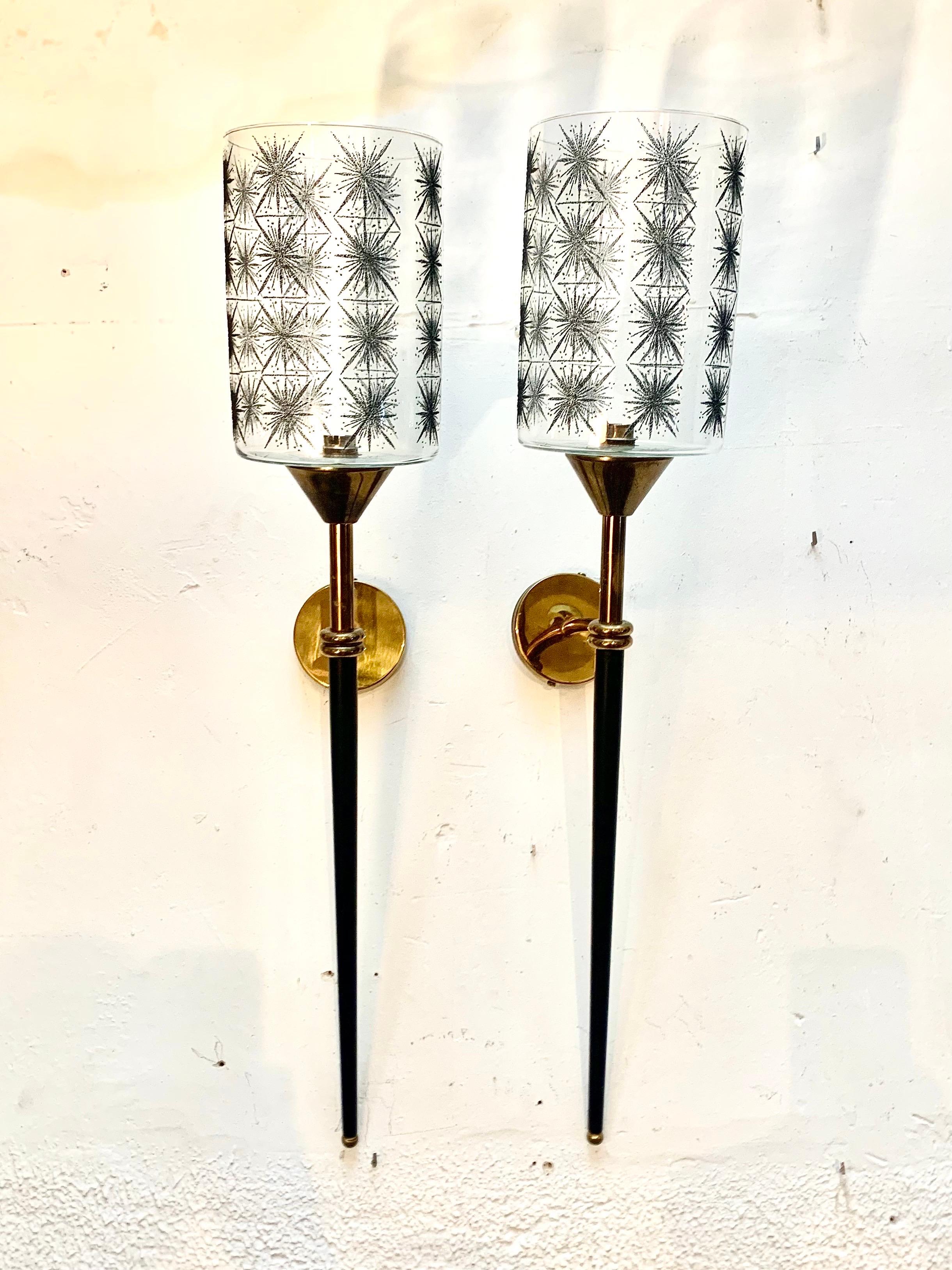 Pair of Mid Century French Maison Lunel Brass and Lacquered Torchere Wall Sconce For Sale 1
