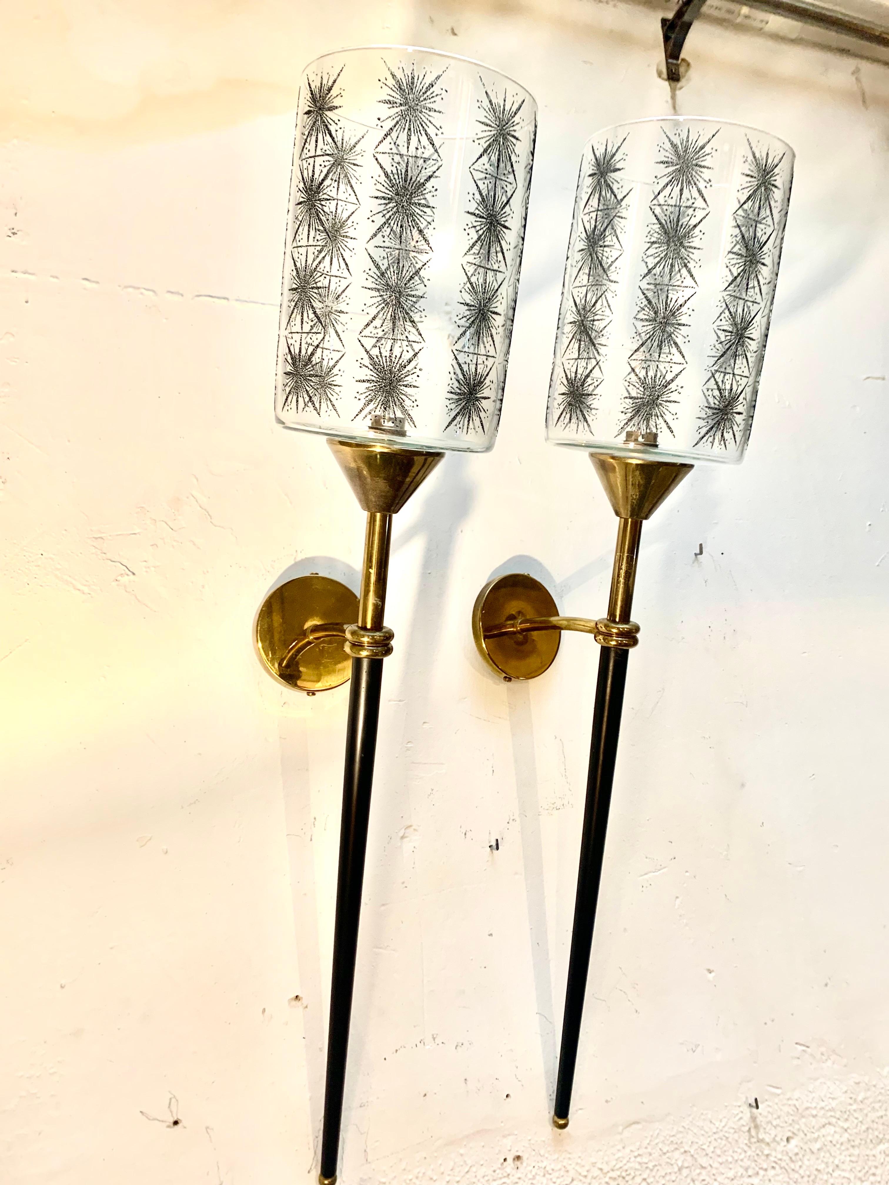 Pair of Mid Century French Maison Lunel Brass and Lacquered Torchere Wall Sconce For Sale 2