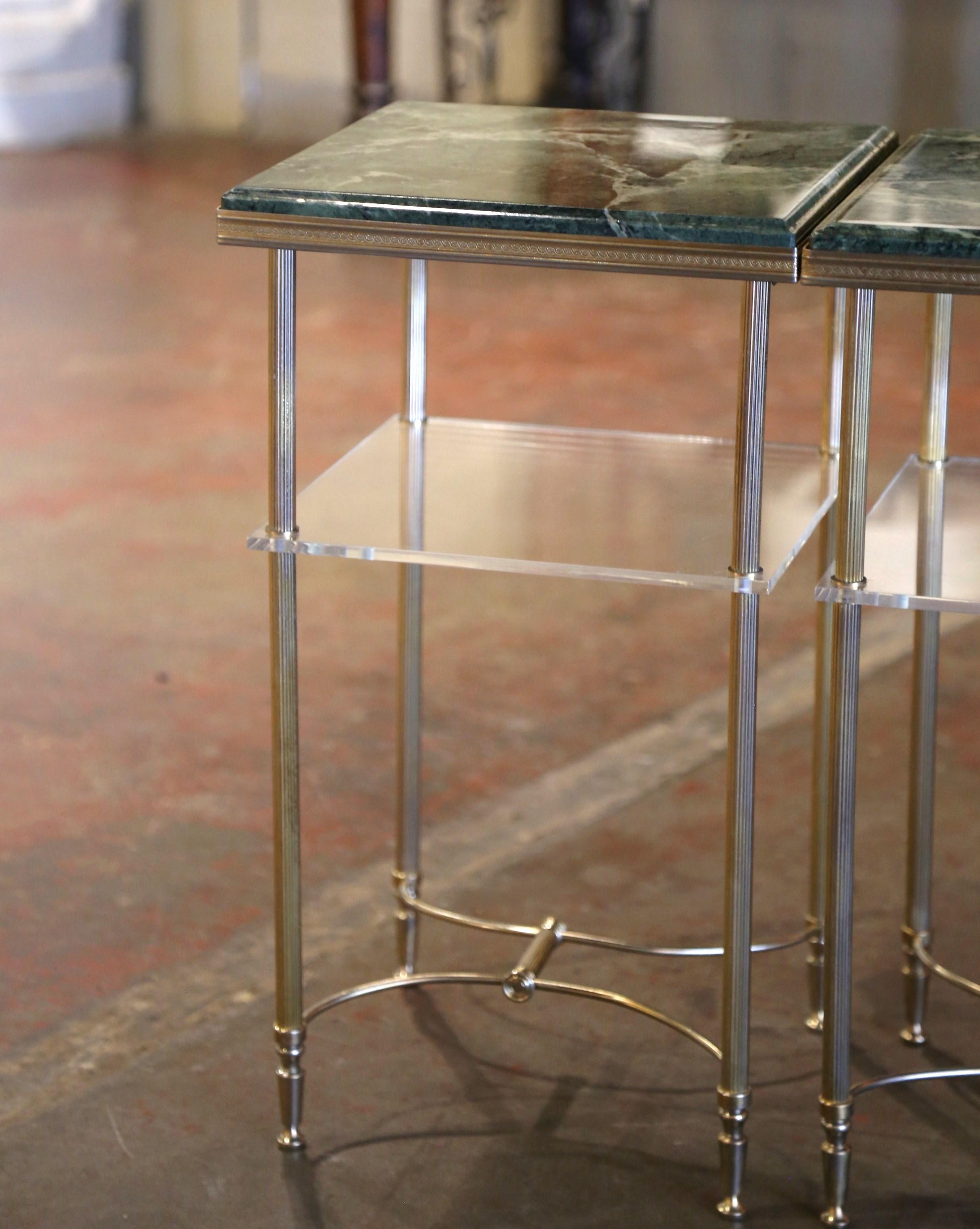 Neoclassical Pair of Mid-Century French Marble Top Brass and Glass Maison Jansen Side Tables