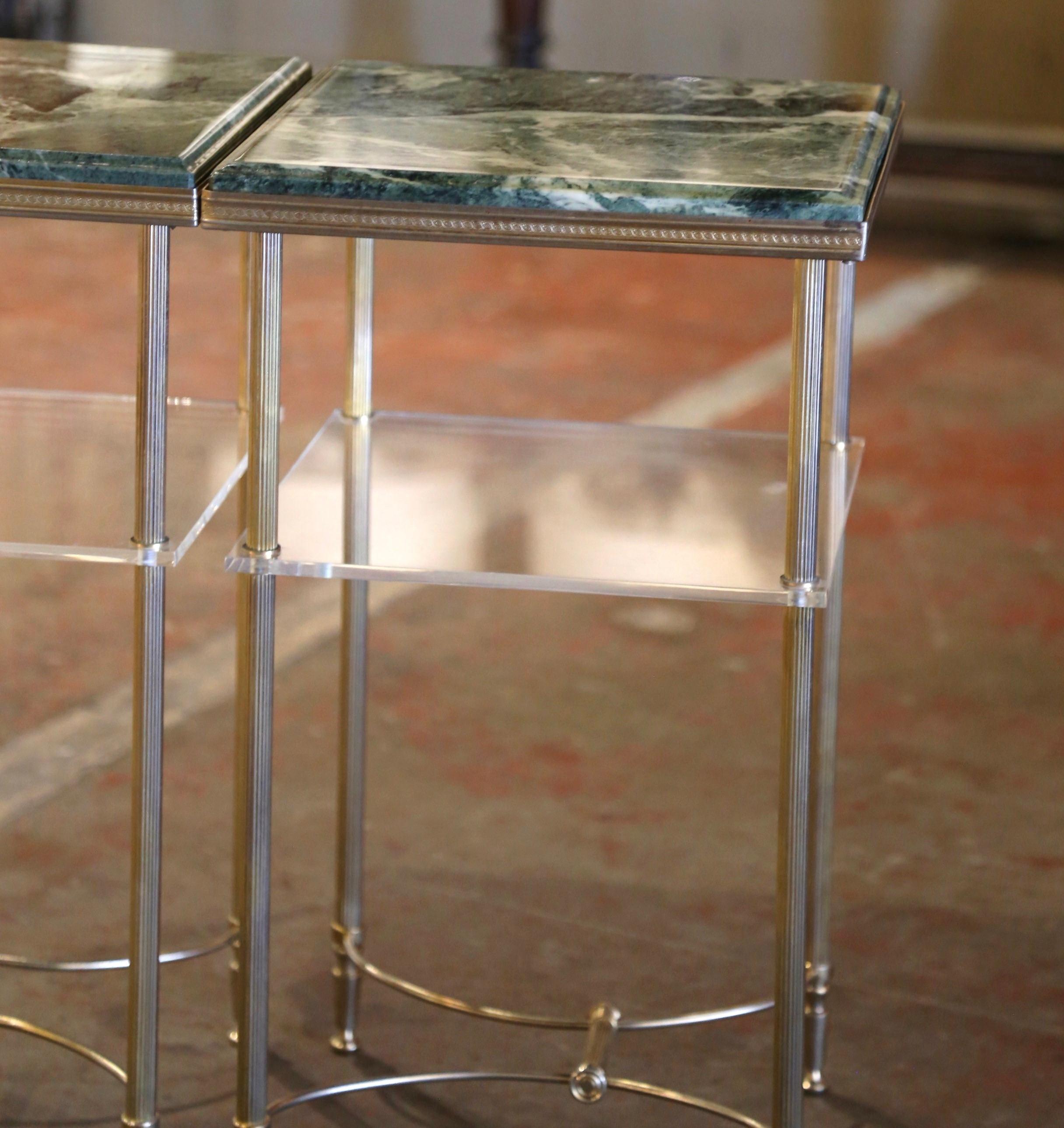 Gilt Pair of Mid-Century French Marble Top Brass and Glass Maison Jansen Side Tables