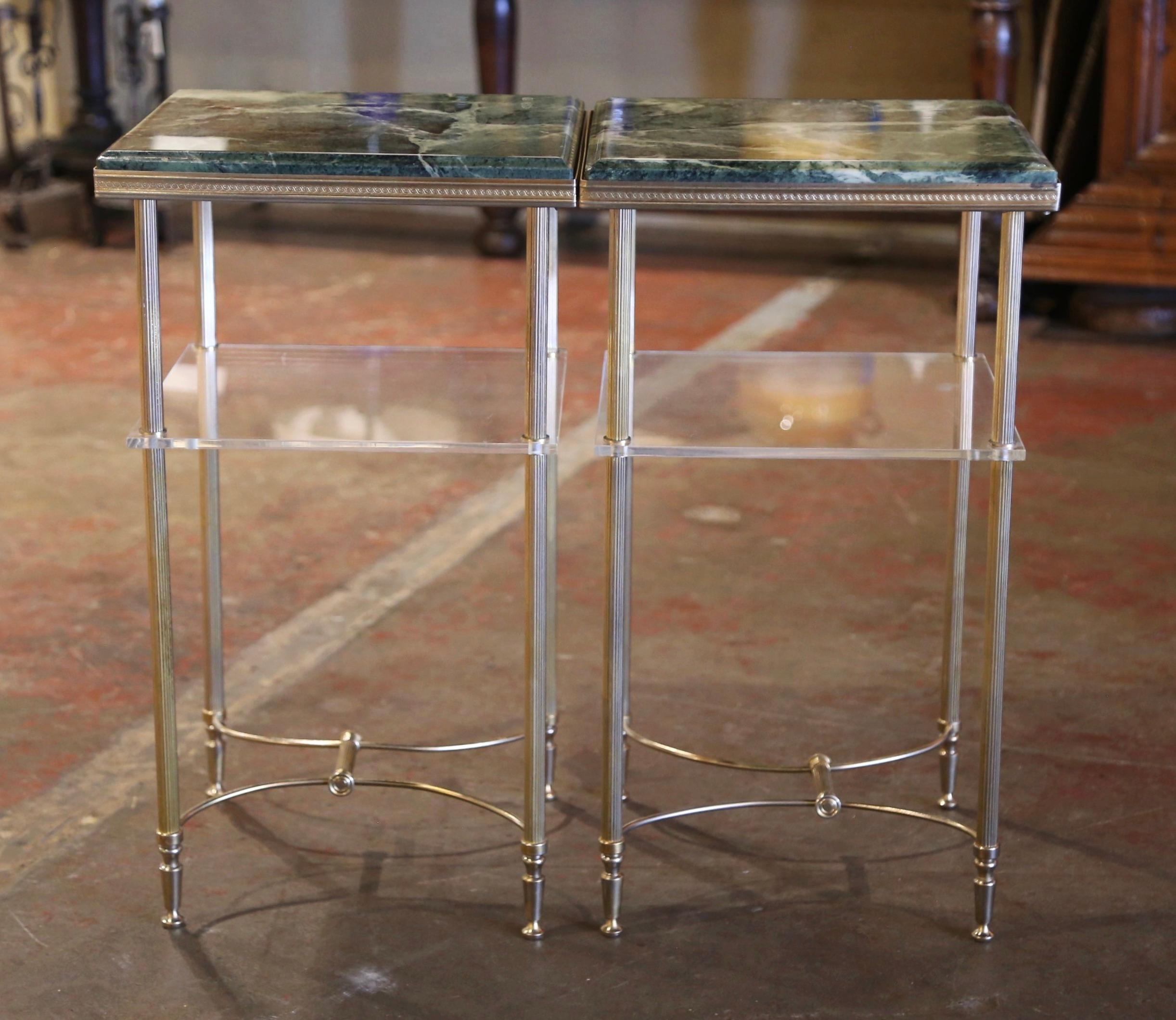 Pair of Mid-Century French Marble Top Brass and Glass Maison Jansen Side Tables 1