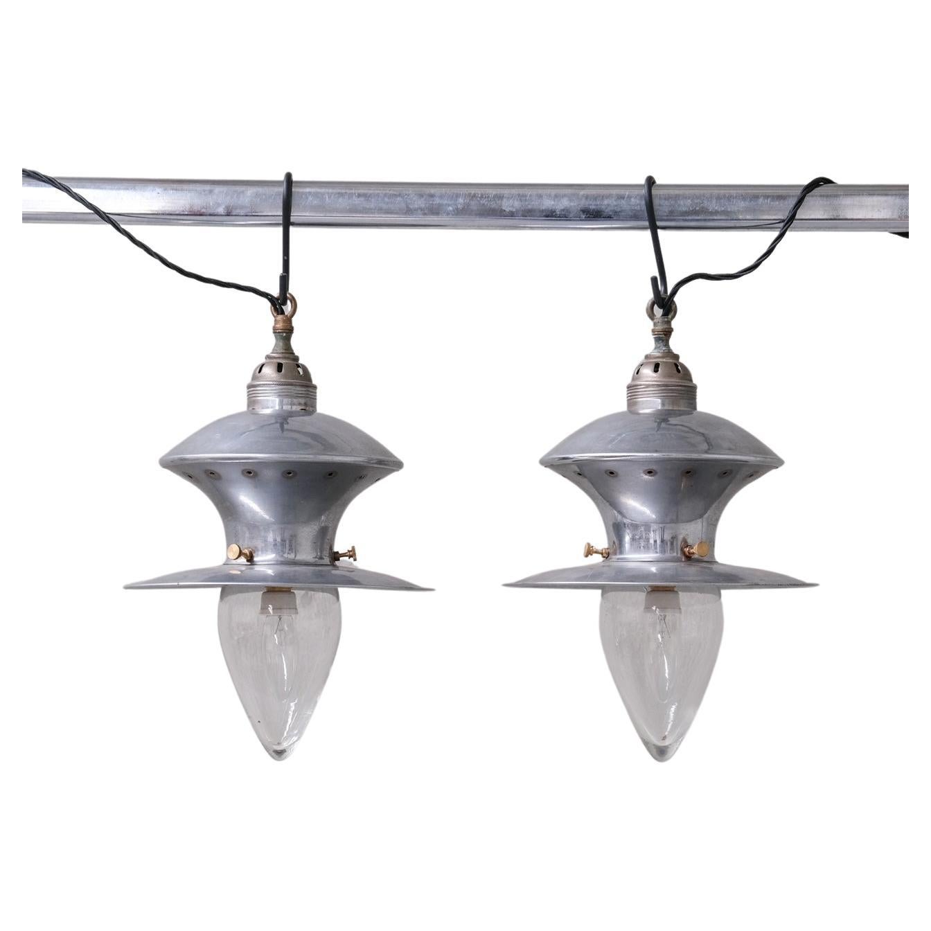 Pair of Mid-Century French Metal and Glass Pendants  For Sale