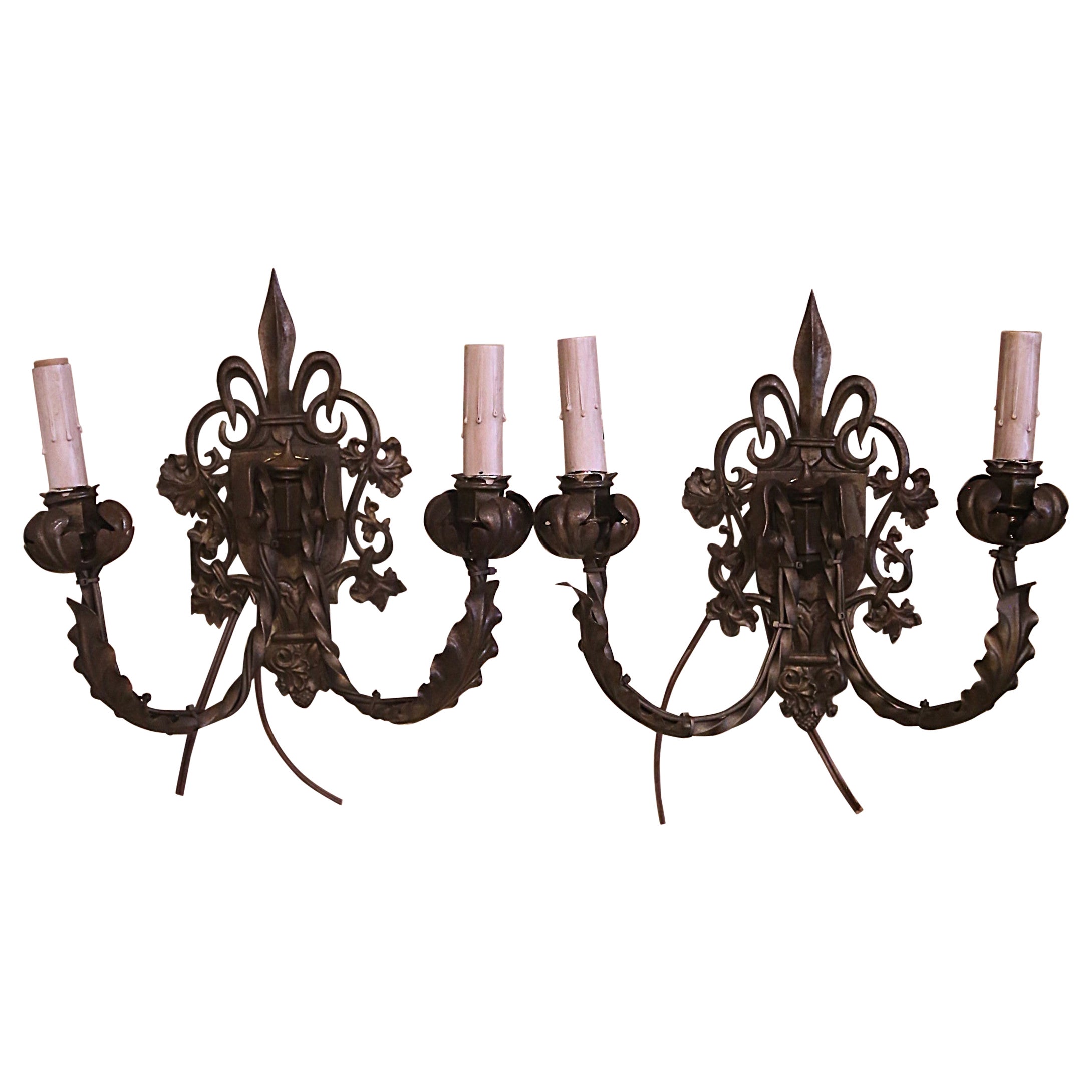 Pair of Mid-Century French Metal Two-Light Wall Sconces with Fleur-de-Lys Motif For Sale