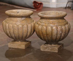 Pair of Mid-Century Italian Carved Marble Flute Garden Urns Planters