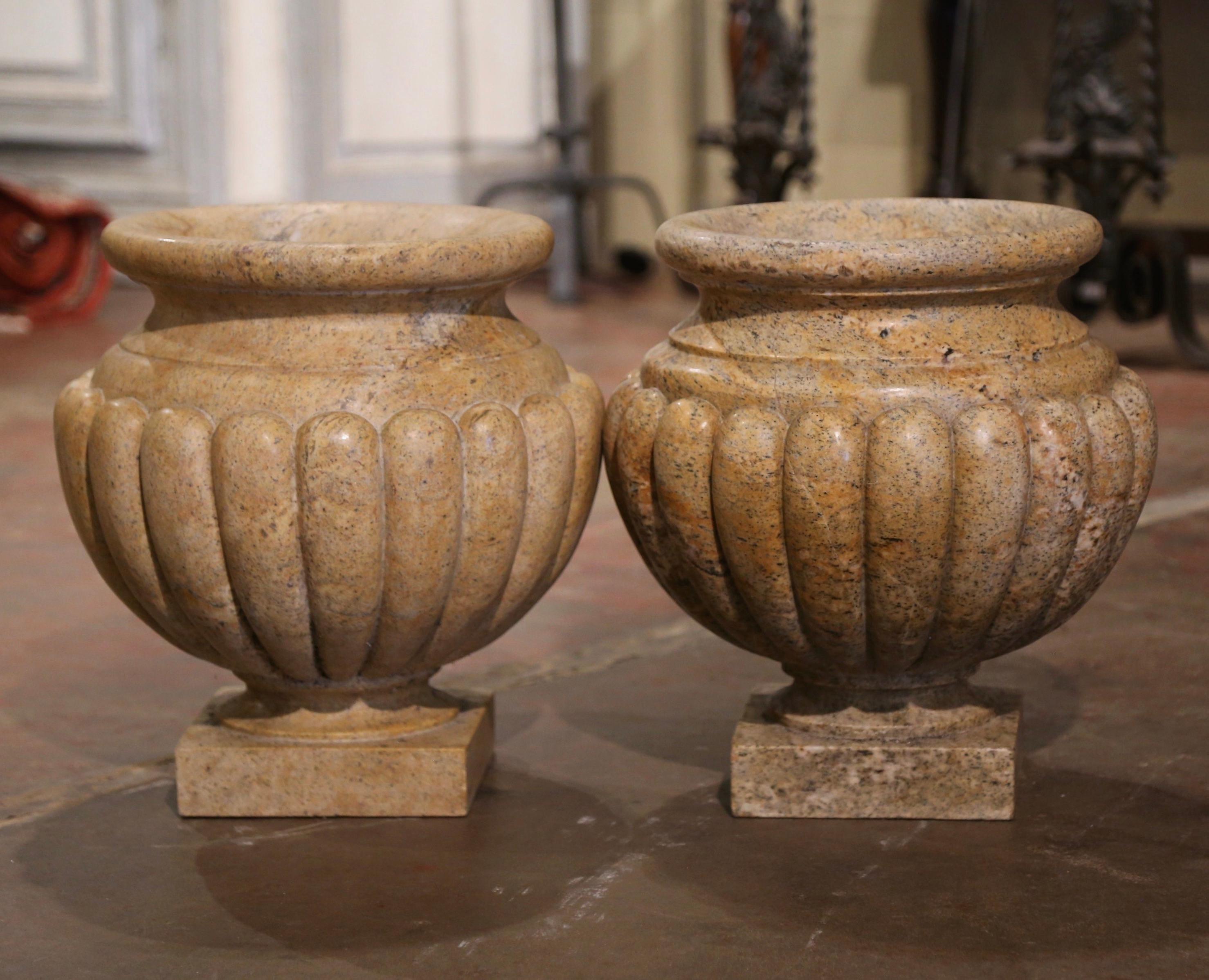 20th Century Pair of Mid-Century French Neoclassical Carved Marble Flute Garden Urns Planters For Sale