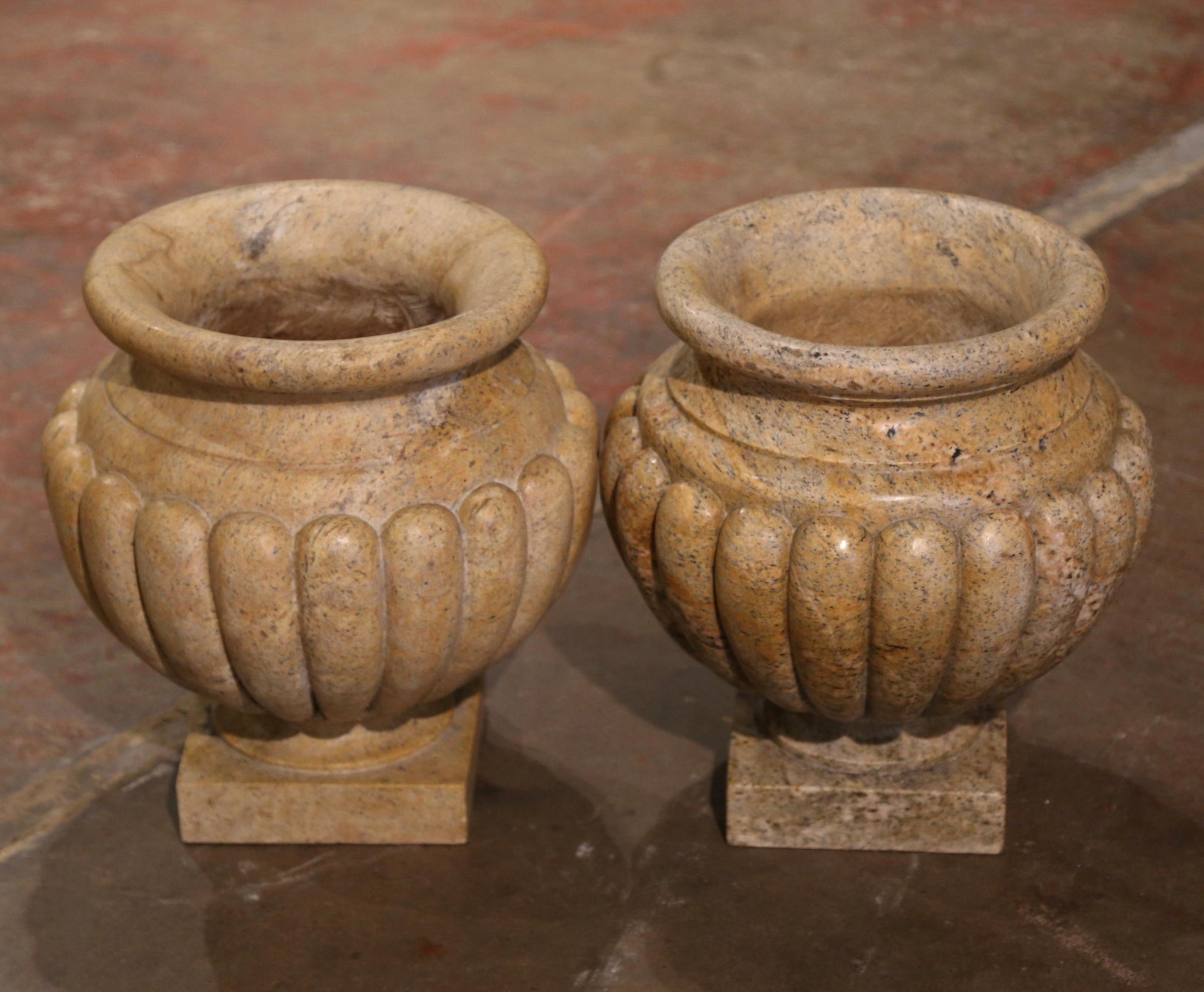 Pair of Mid-Century French Neoclassical Carved Marble Flute Garden Urns Planters For Sale 1