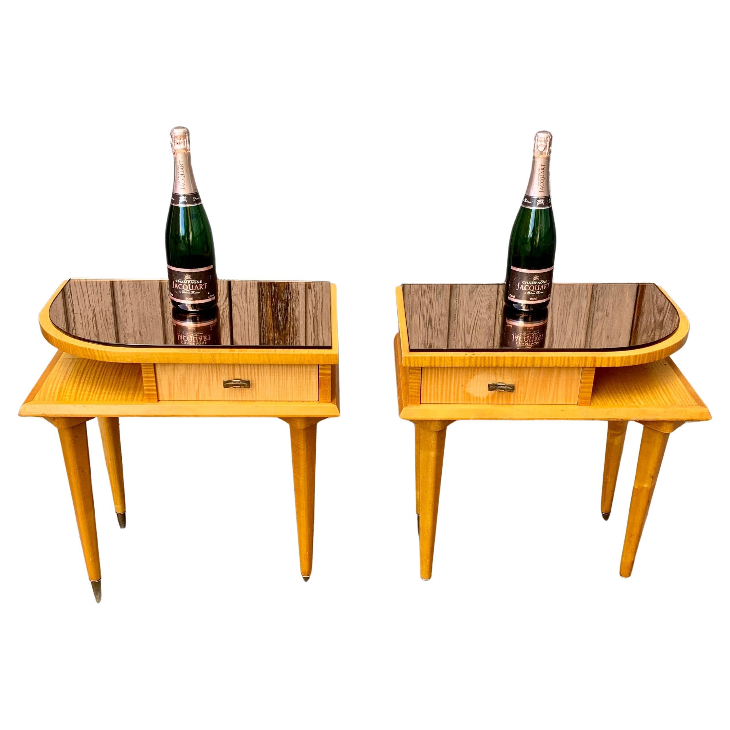 Pair of Mid-Century French Nightstands In Birch Wood