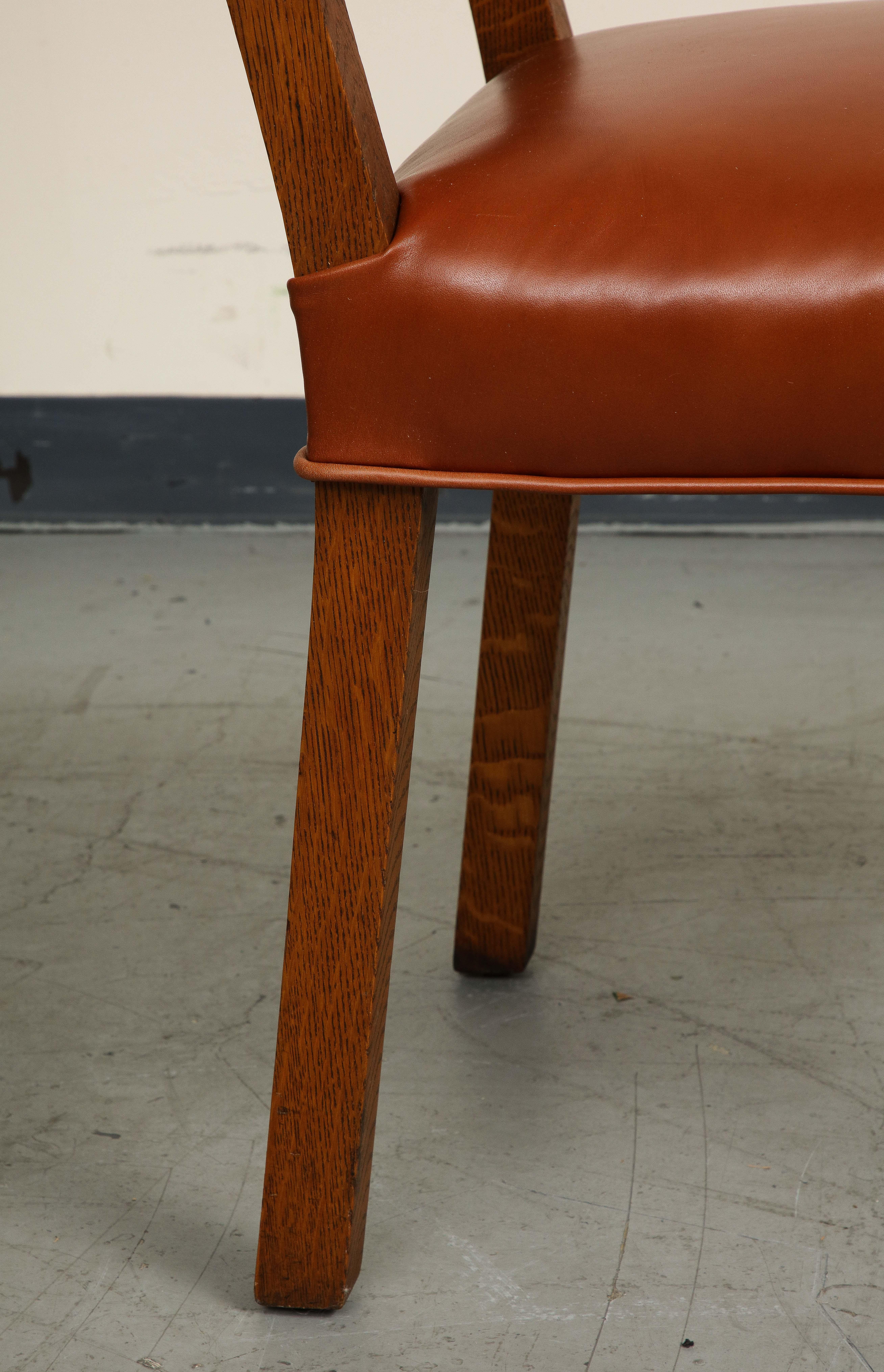 Pair of Mid-Century French Oak and Brown Leather Side Chairs For Sale 6