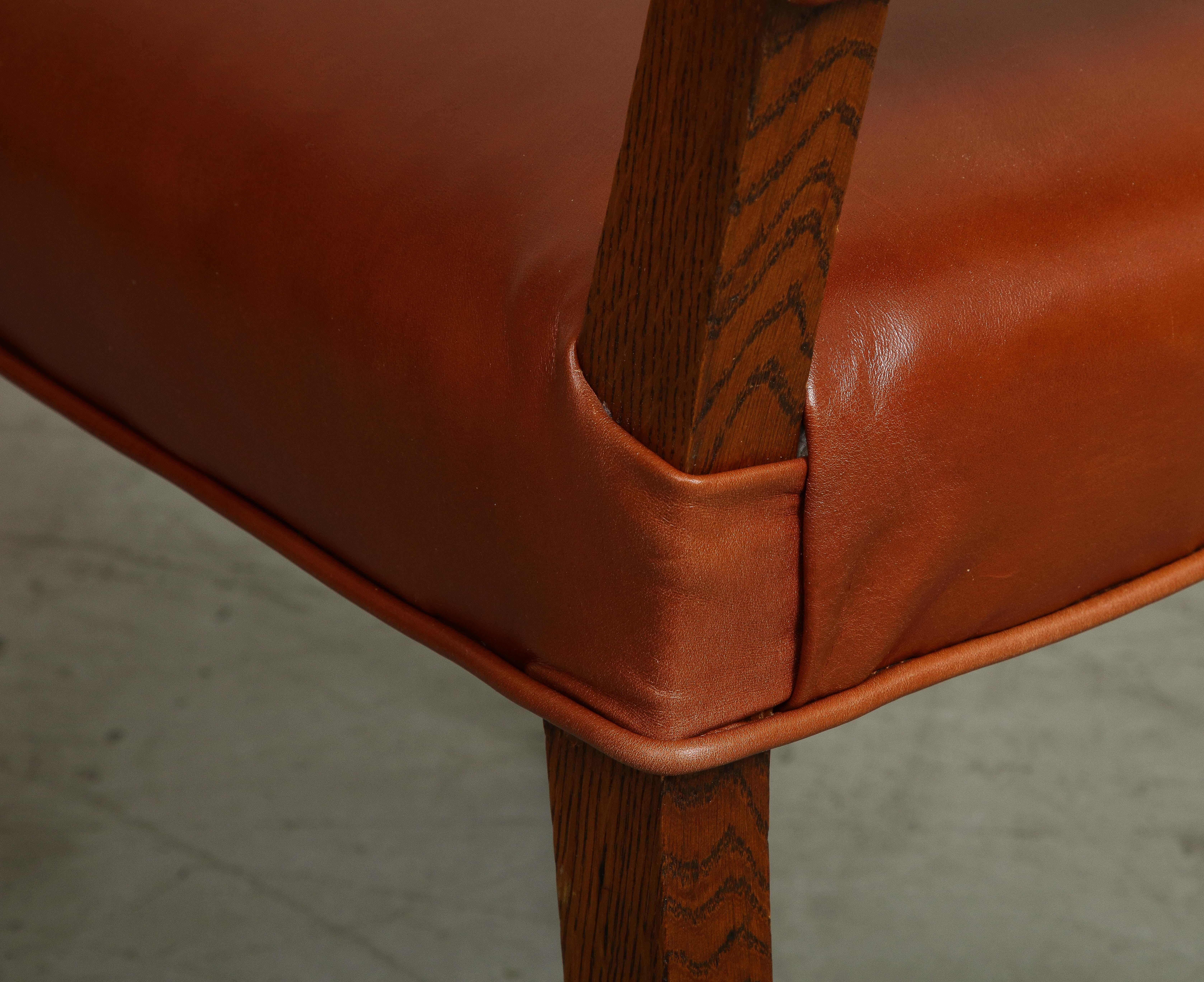 Pair of Mid-Century French Oak and Brown Leather Side Chairs For Sale 7