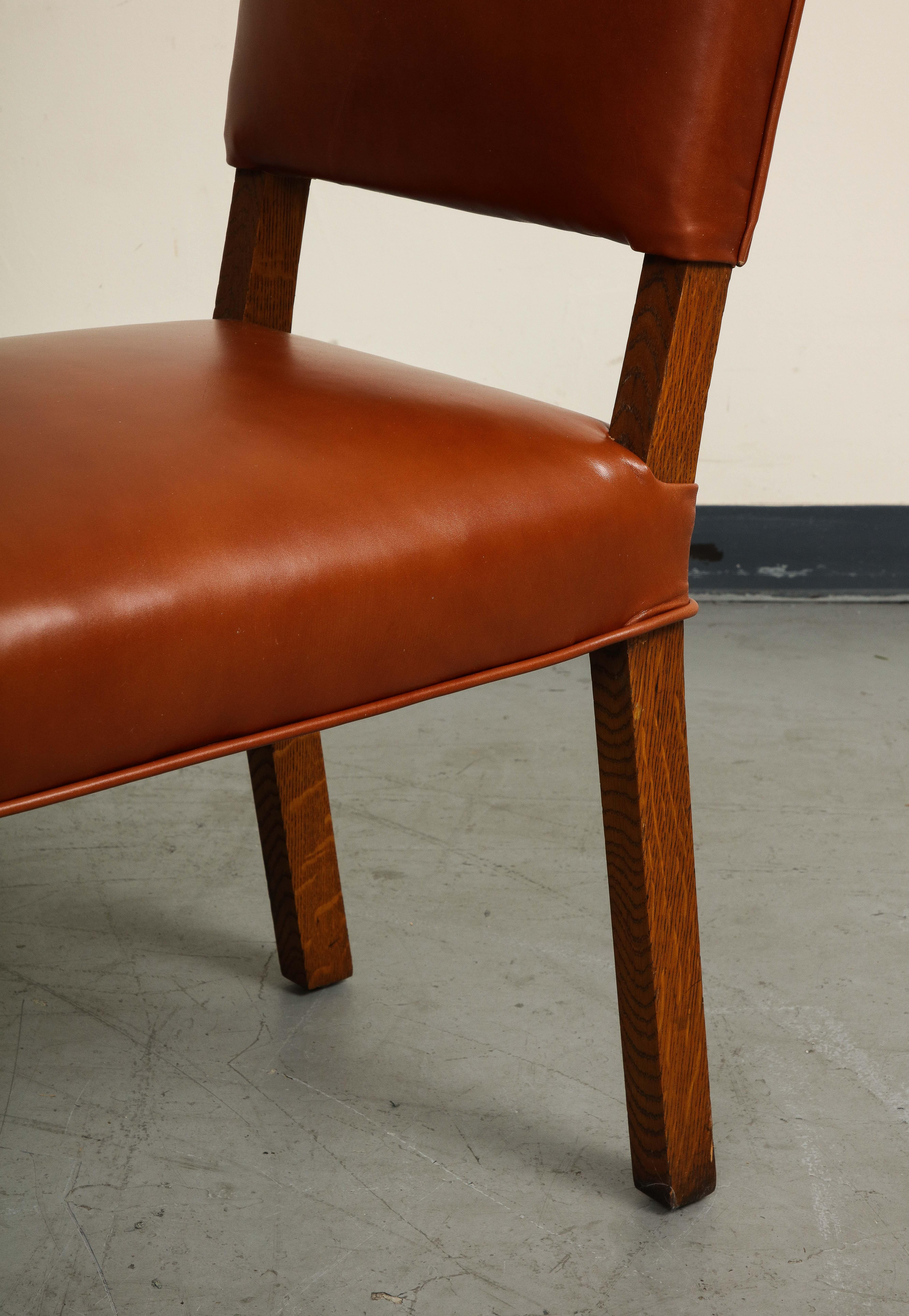 Pair of Mid-Century French Oak and Brown Leather Side Chairs For Sale 8