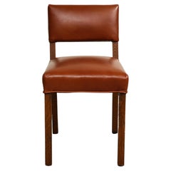 Pair of Mid-Century French Oak and Brown Leather Side Chairs